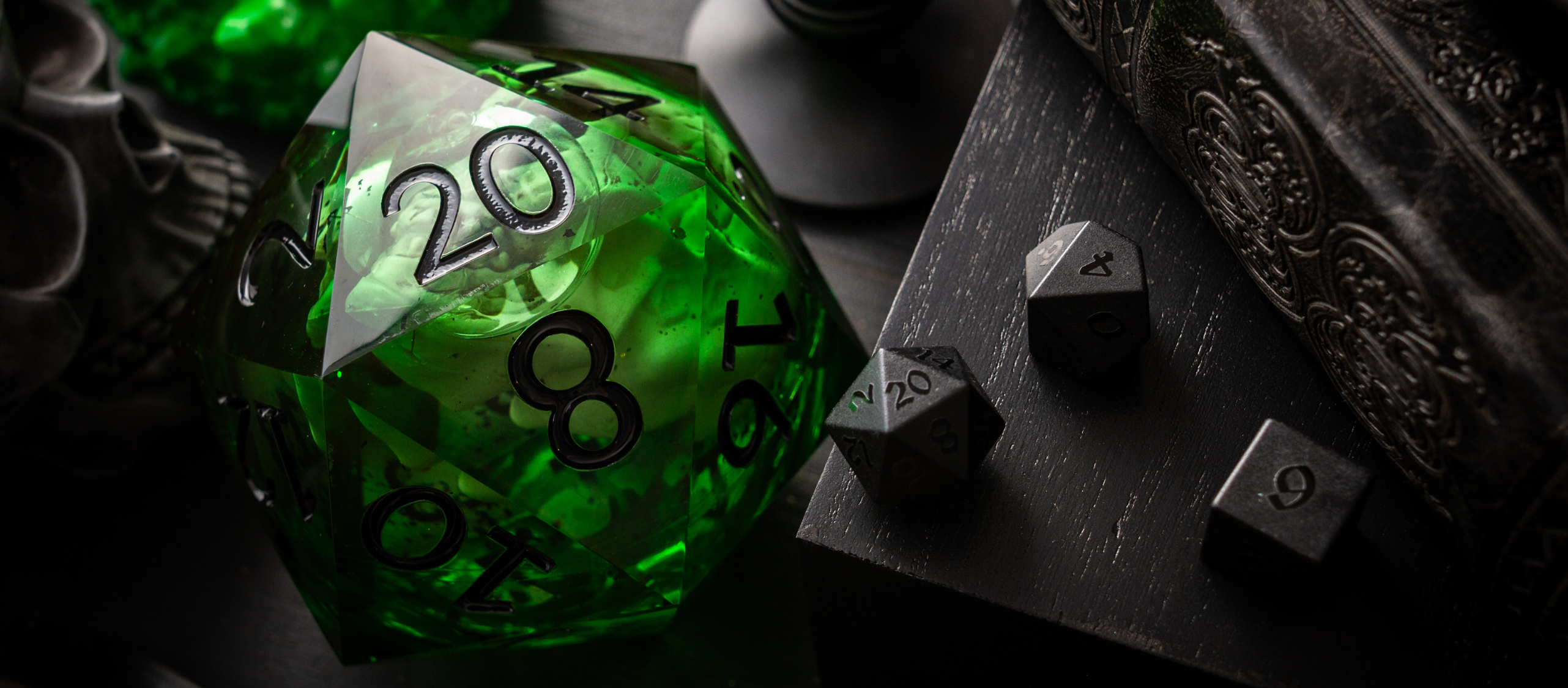 Large, heavy resin DnD dice with bold, eye-catching designs, crafted for players who want a mighty roll