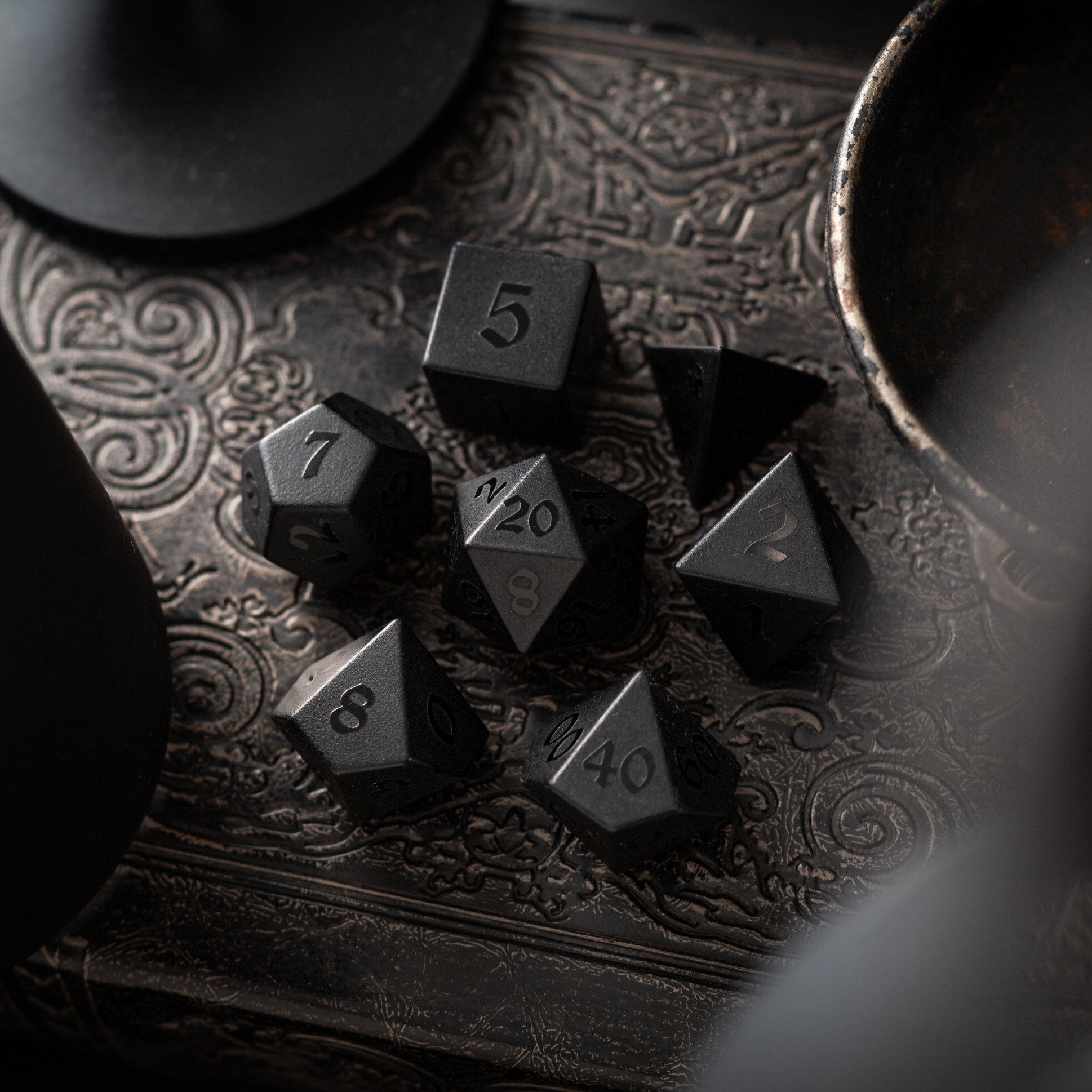 Gemstone Black Night Raised Obsidian Hand Carved DND Dice Set