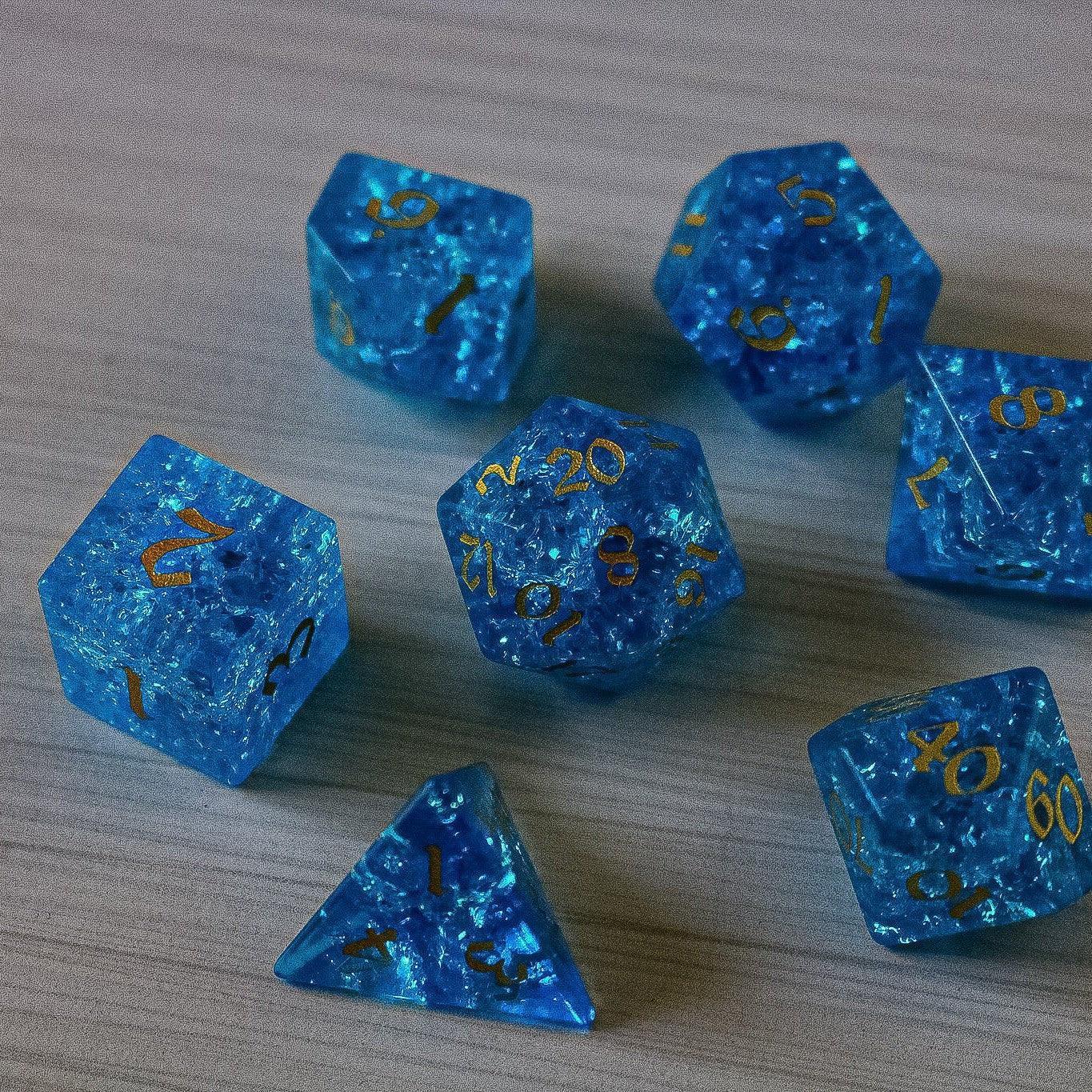 Blue Lightning Glass Cracked Glass DND Dice Set