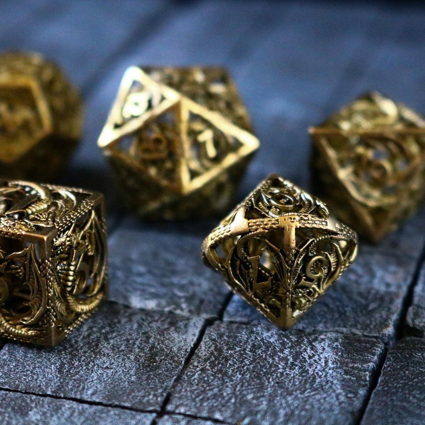 Dragon Flight Hollow Gold Metal DND Dice Set
