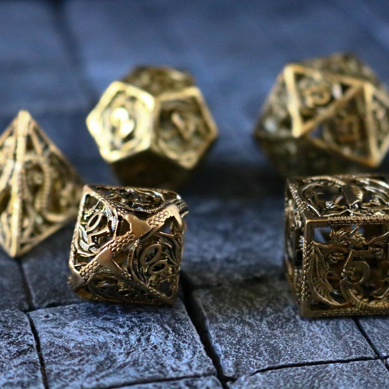 Dragon Flight Hollow Gold Metal DND Dice Set