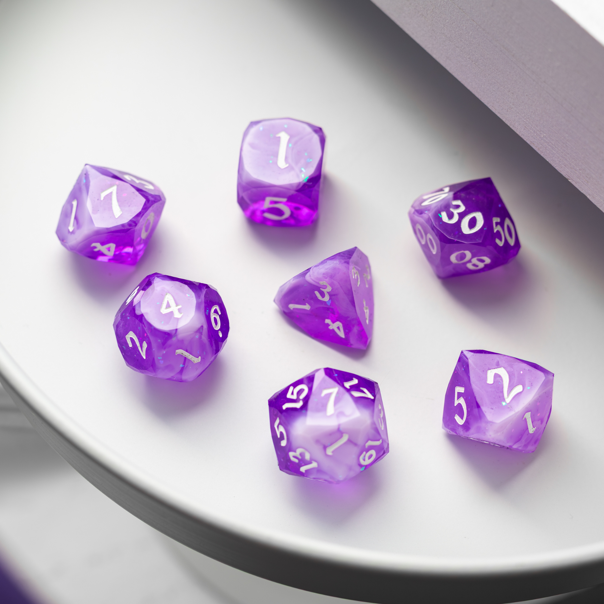 Dwarf Cut Lavender Smoke Handmade Resin DND Dice Set