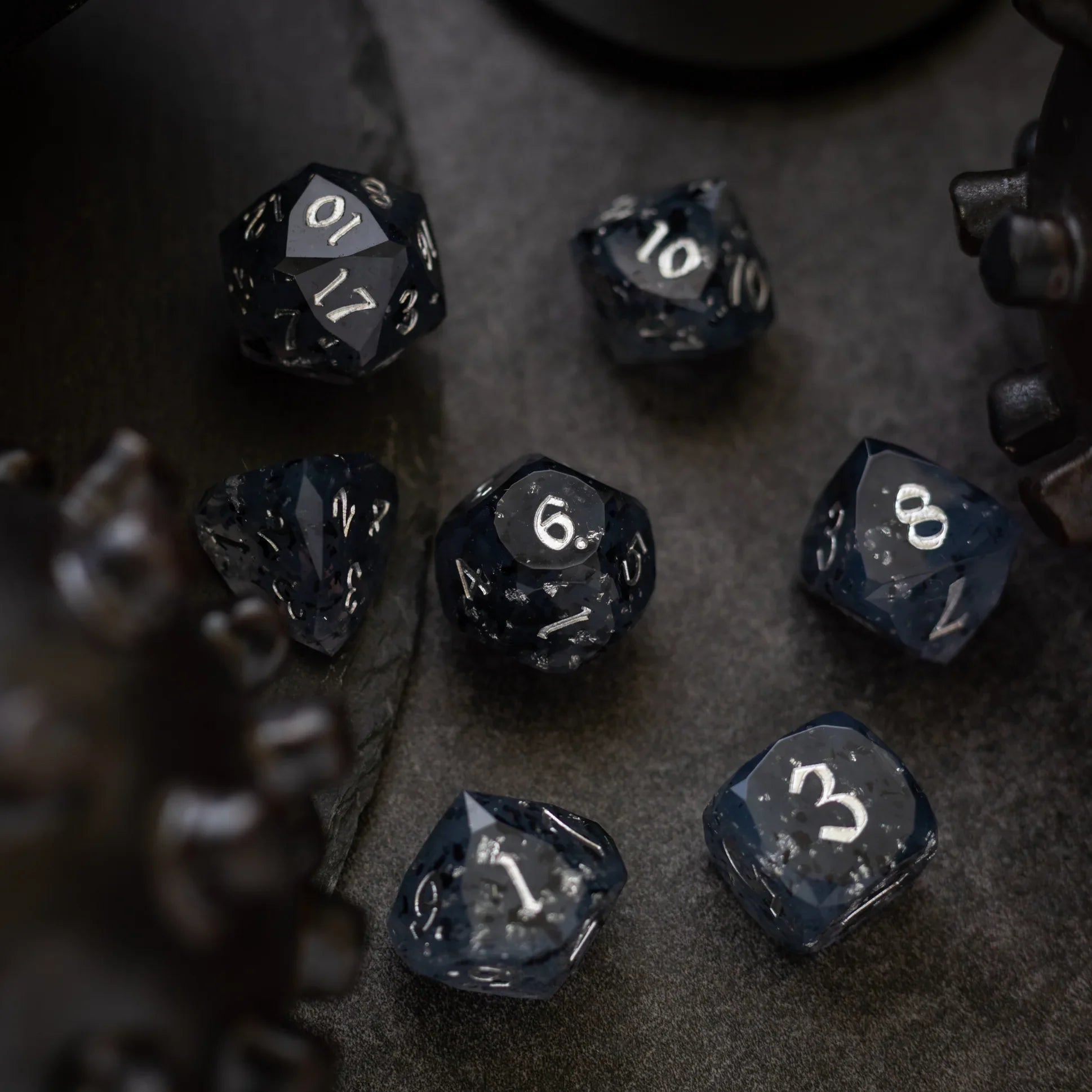 Dwarf Cut Smoky Midnight Handmade Resin DND Dice Set