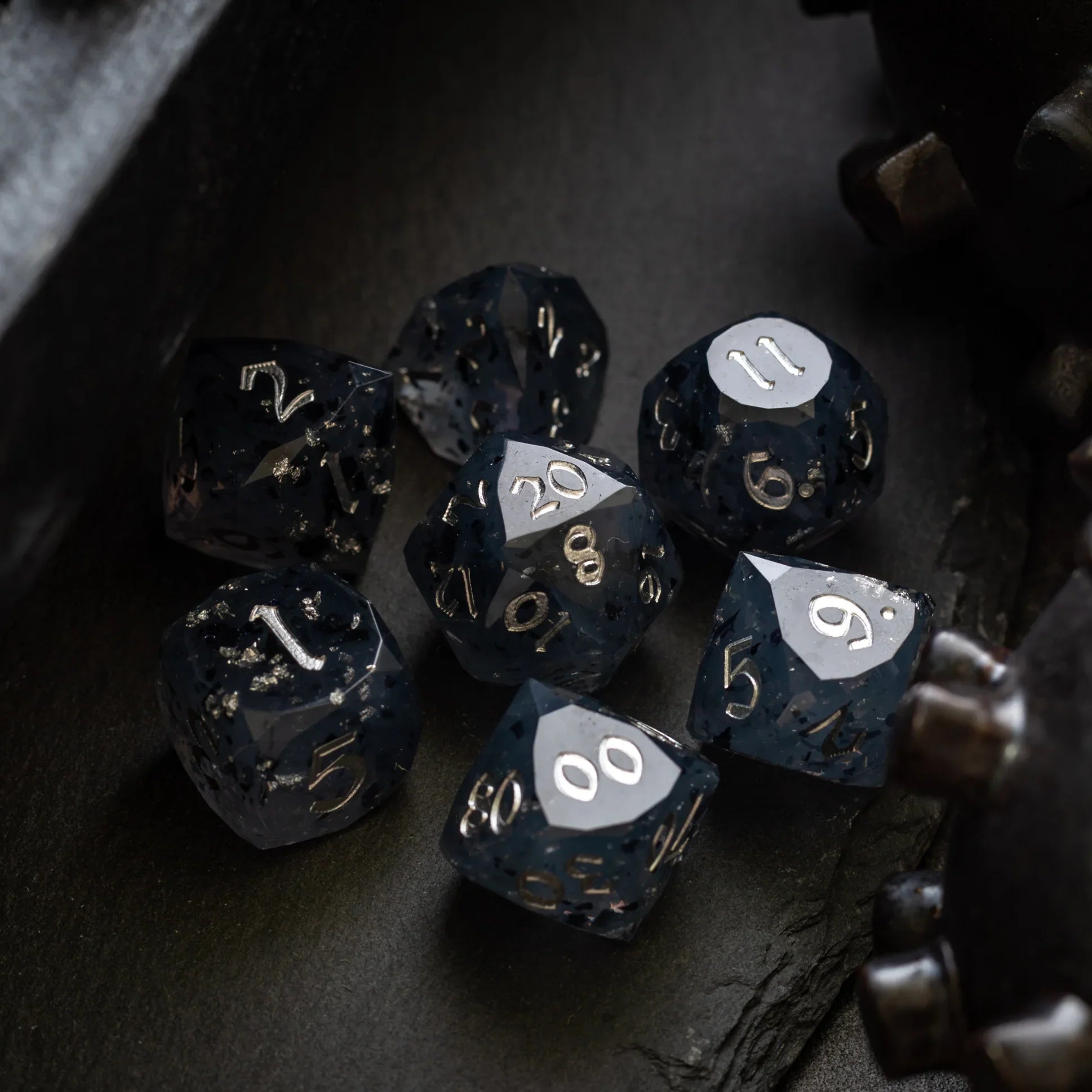 Dwarf Cut Smoky Midnight Handmade Resin DND Dice Set