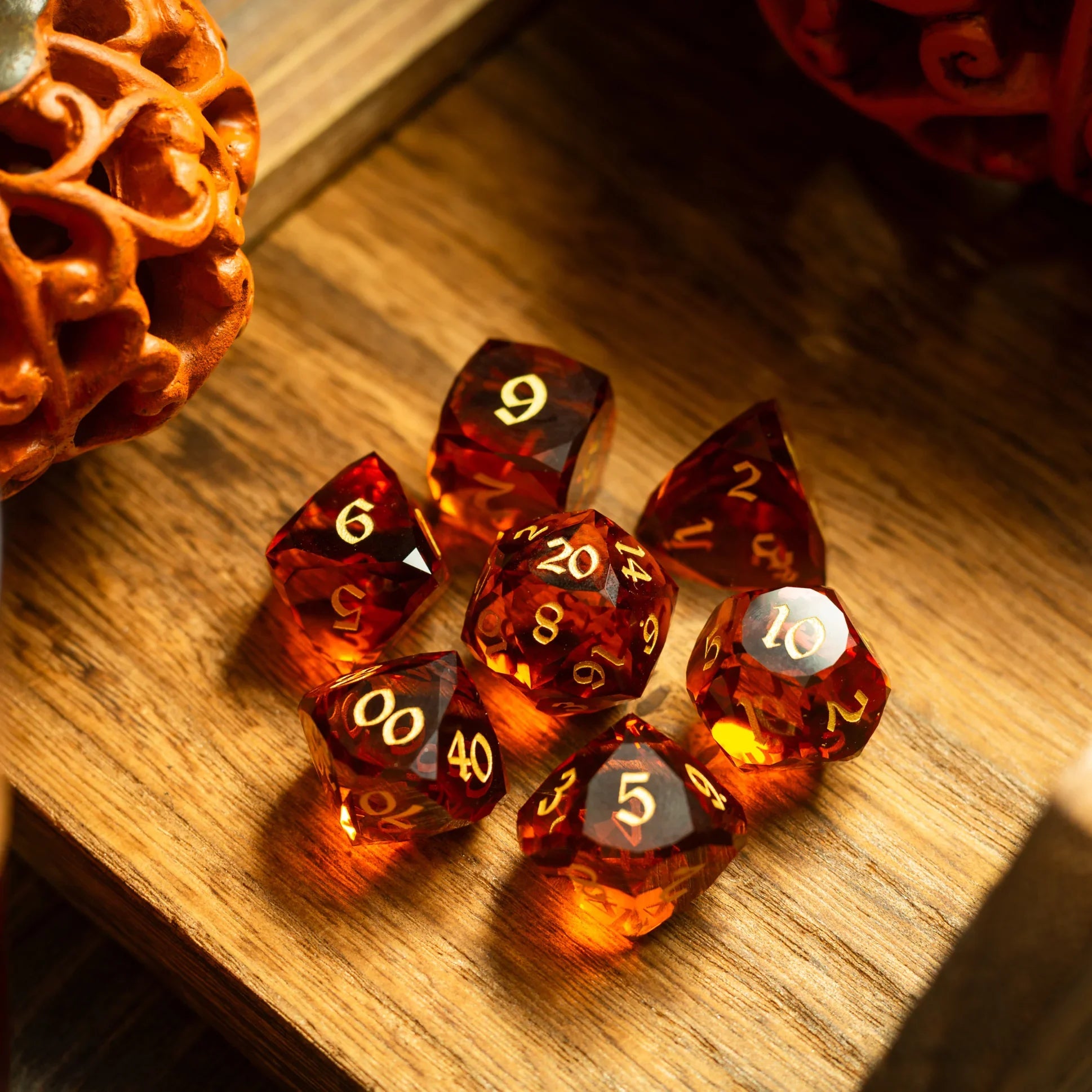 Dwarf Cut Gold Gemstone Glass Premium DND Dice Set