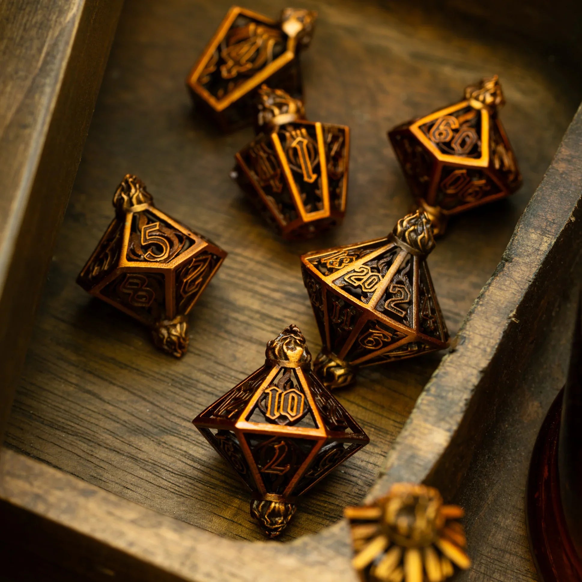 Eternal Flame Copper Hollow Metal DND Dice Set