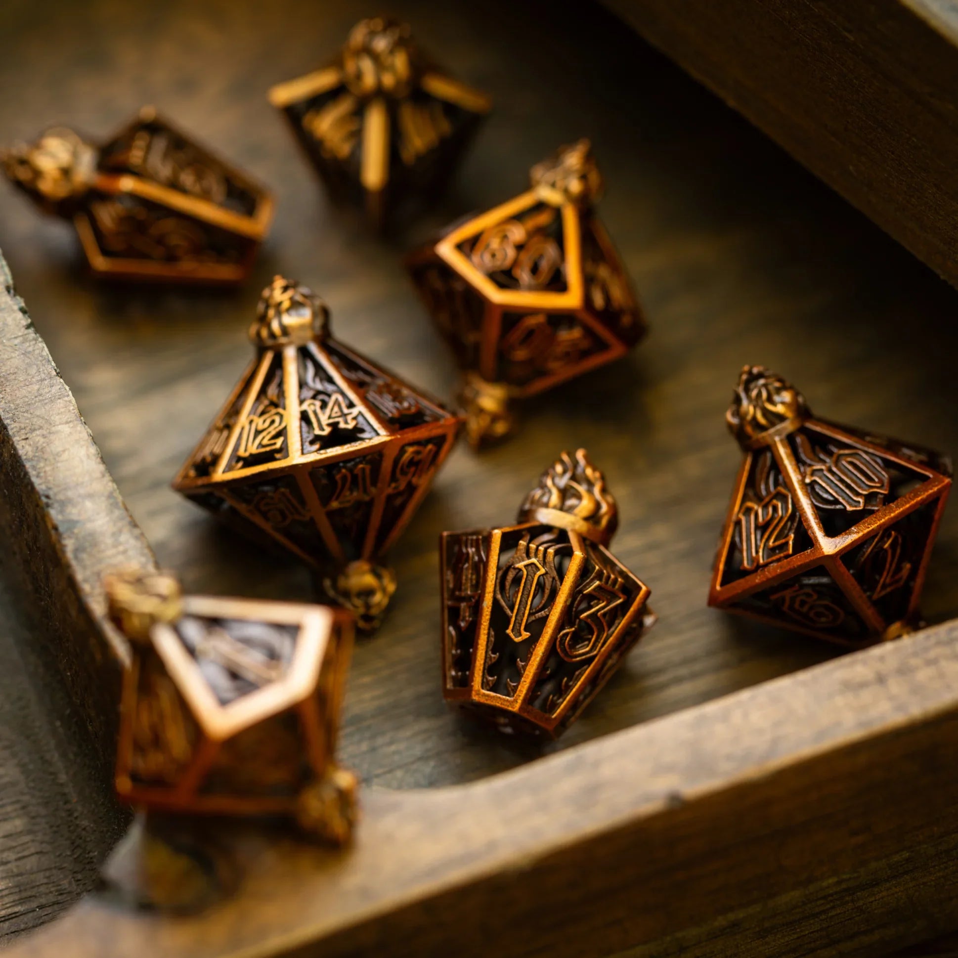 Eternal Flame Copper Hollow Metal DND Dice Set