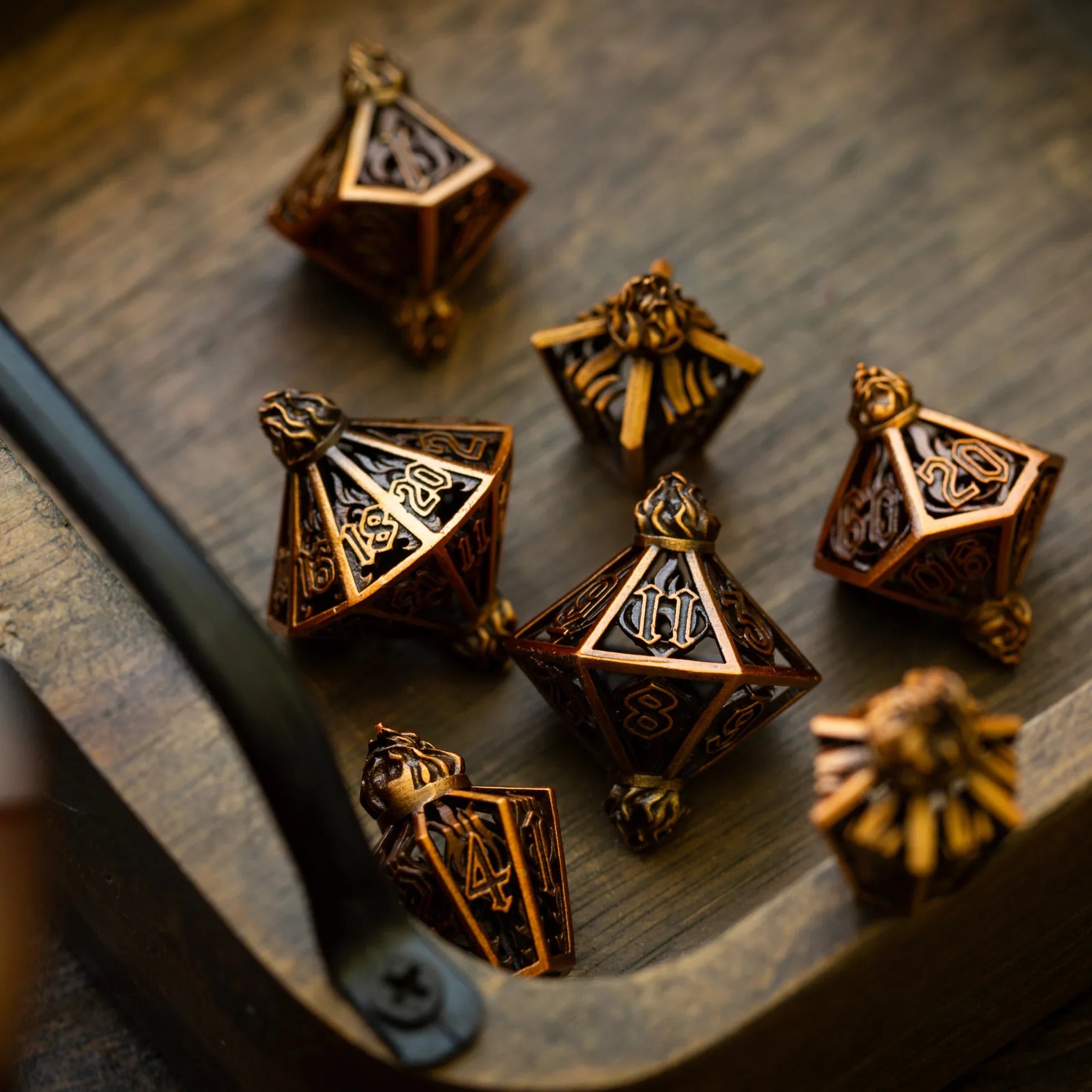 Eternal Flame Copper Hollow Metal DND Dice Set