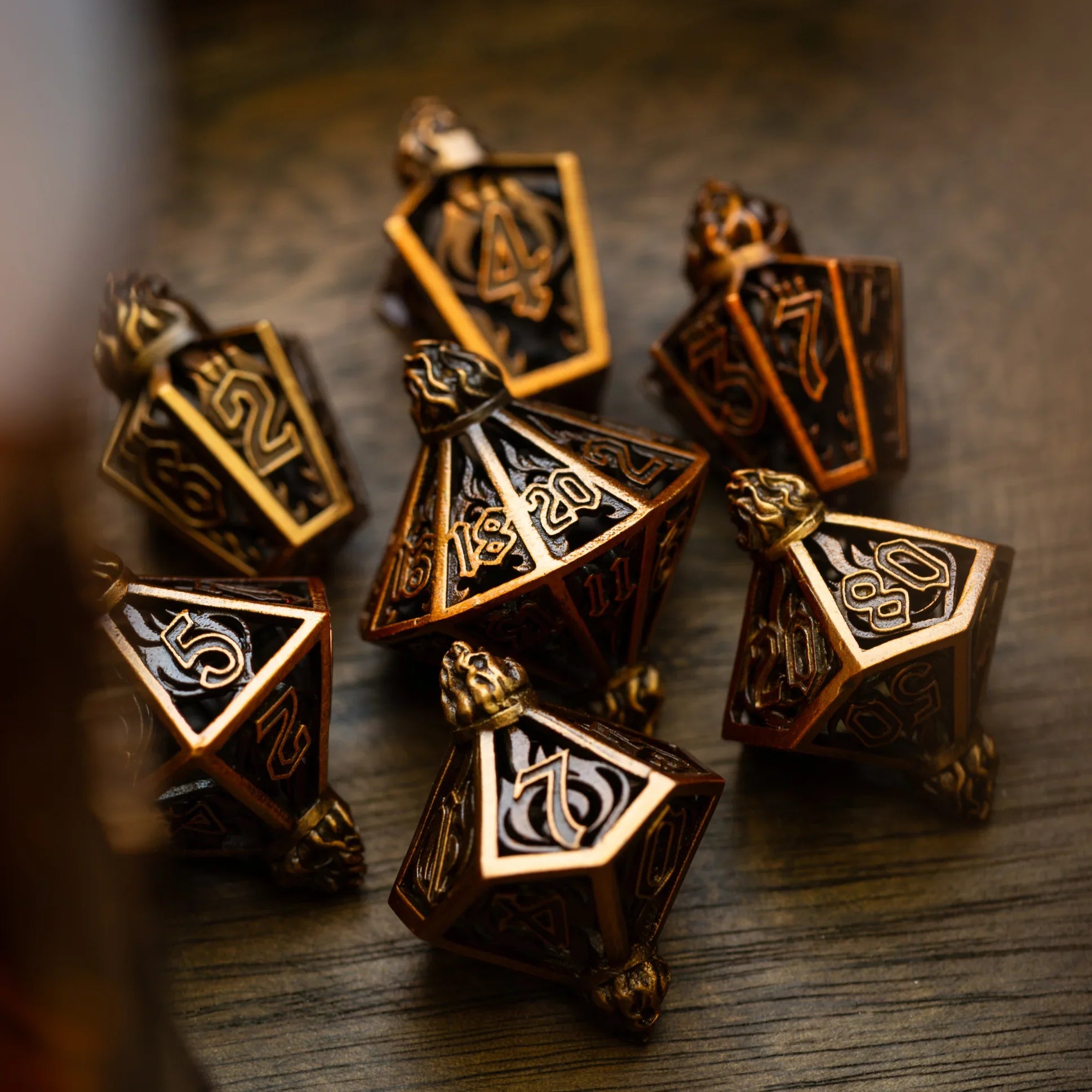 Eternal Flame Copper Hollow Metal DND Dice Set