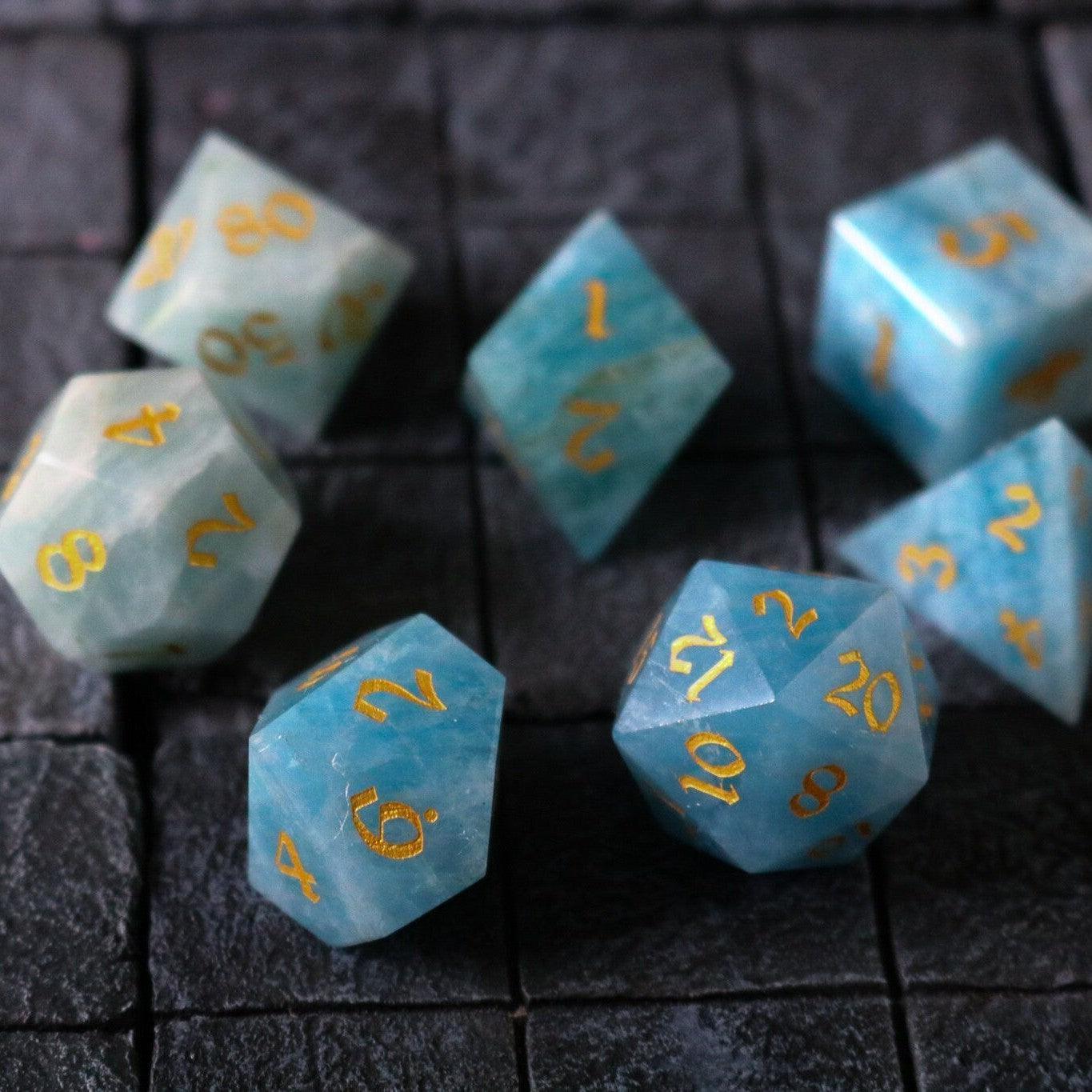 Gemstone Blue Aquamarine Stone Hand Carved DND Dice Set