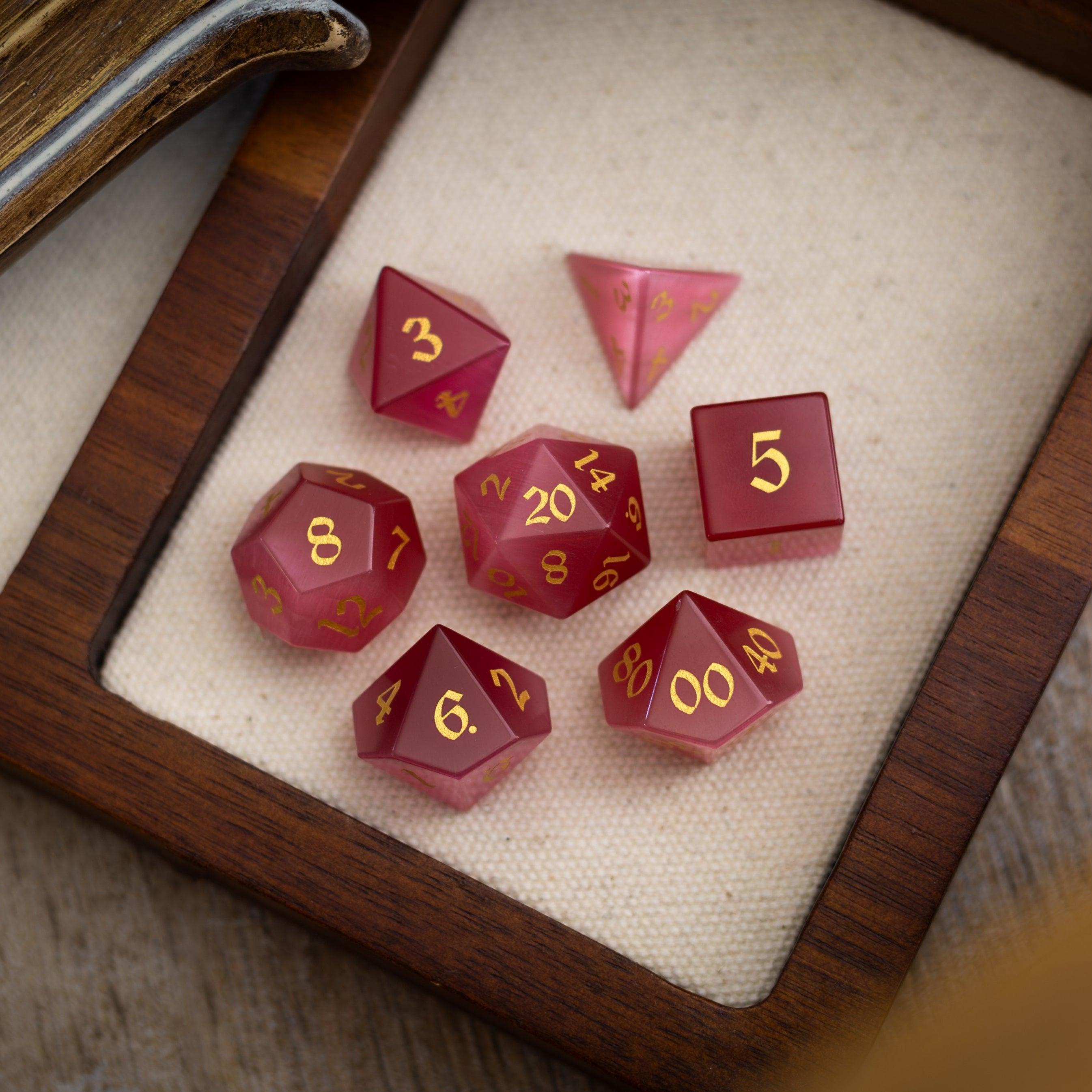Hand Carved Rose Red Cats Eye Gemstone DND Dice Set Best DND Dice