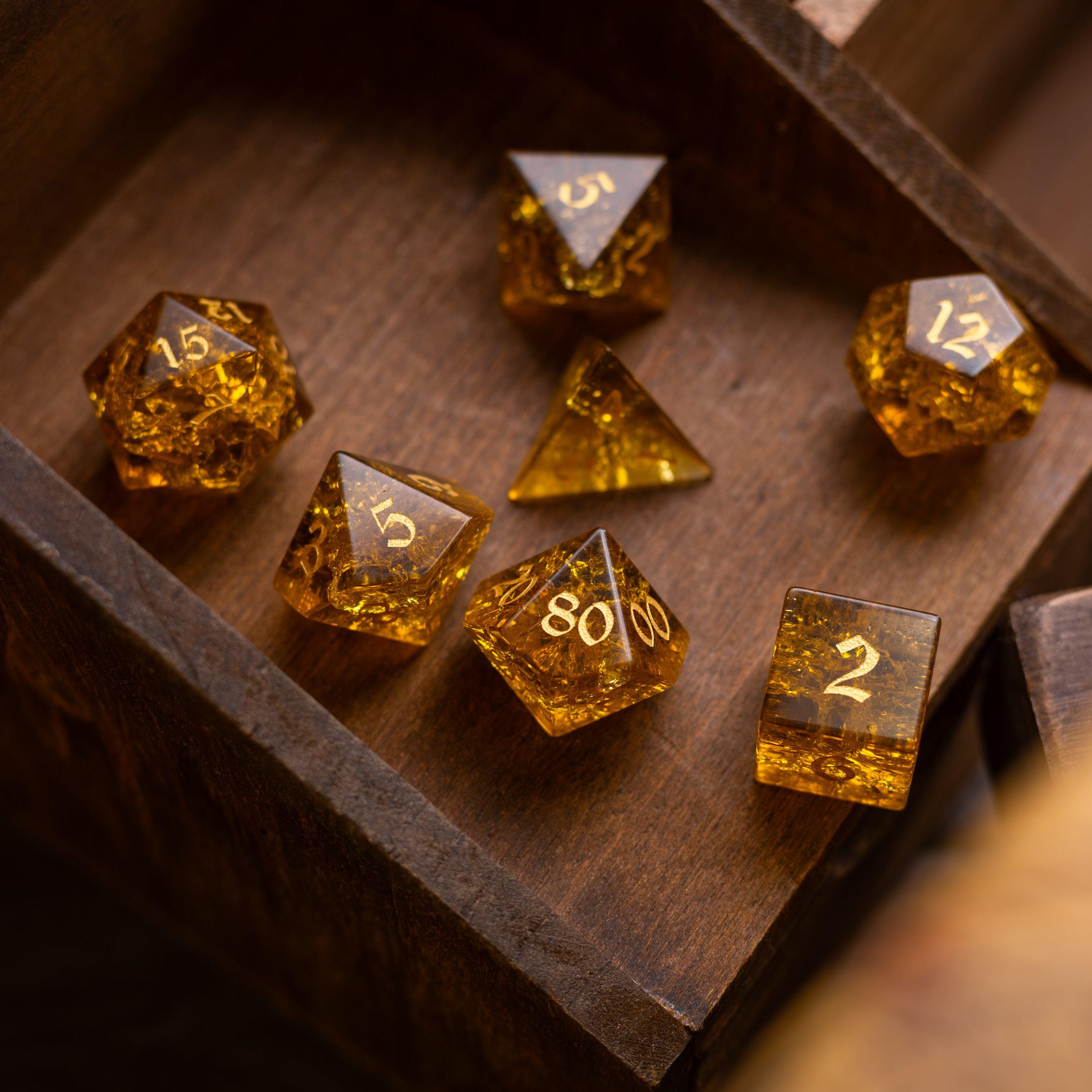 Gold Honey Lightning Cracked Glass DND Dice Set