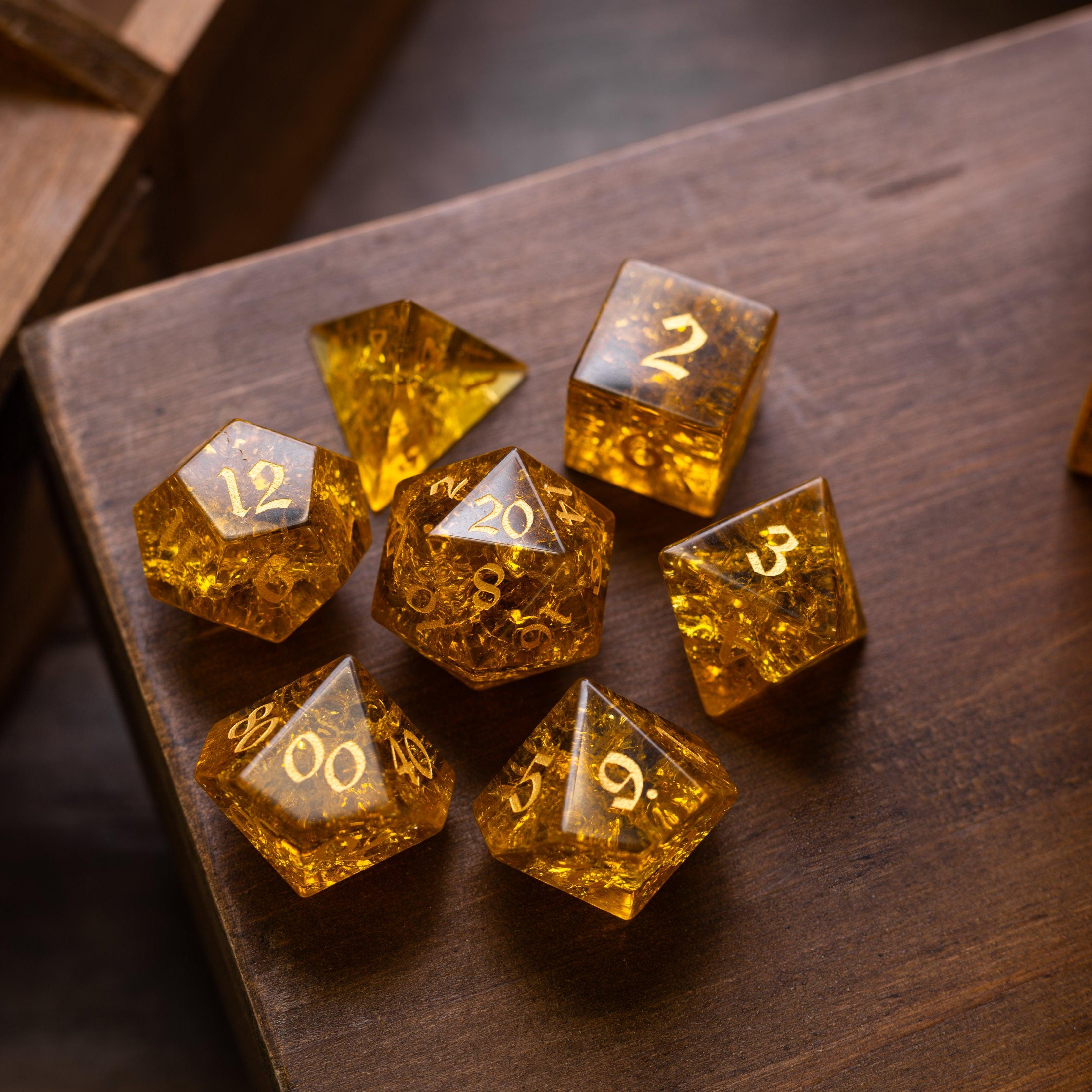 Gold Honey Lightning Cracked Glass DND Dice | Handmade Dice Set