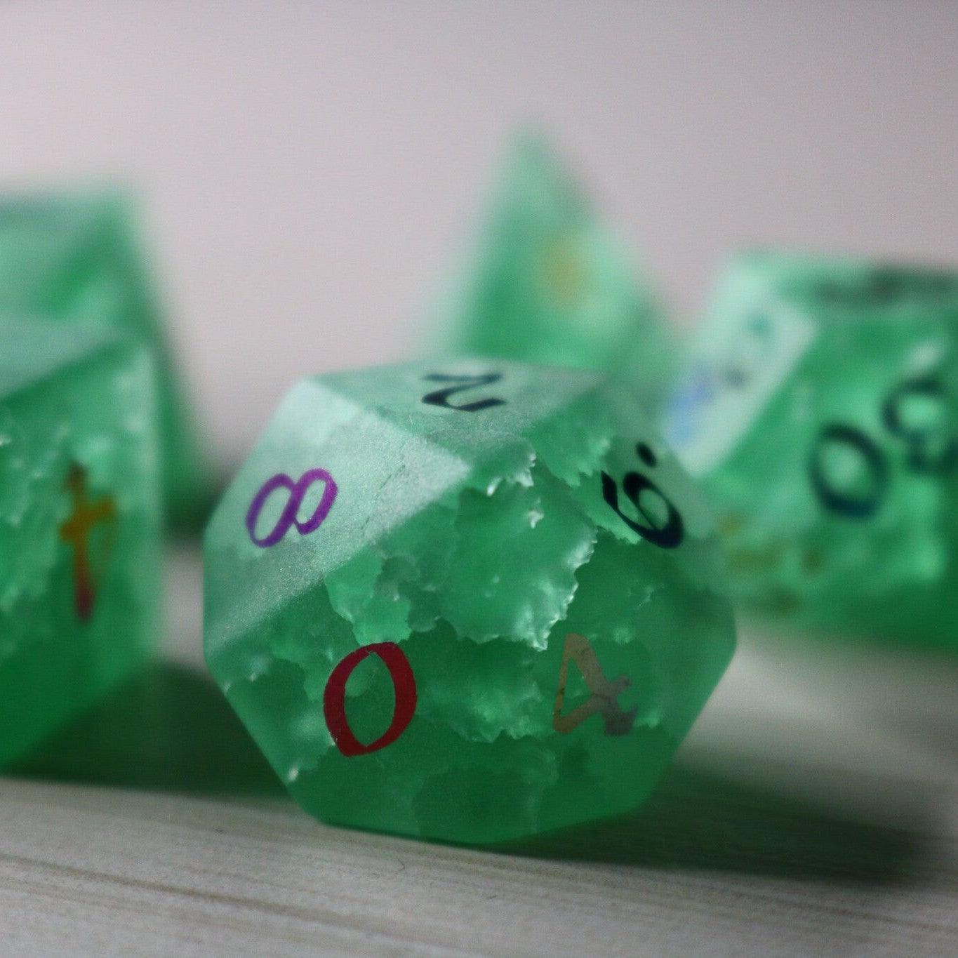 Green Mint Inked Lightning Cracked Glass DND Dice Set