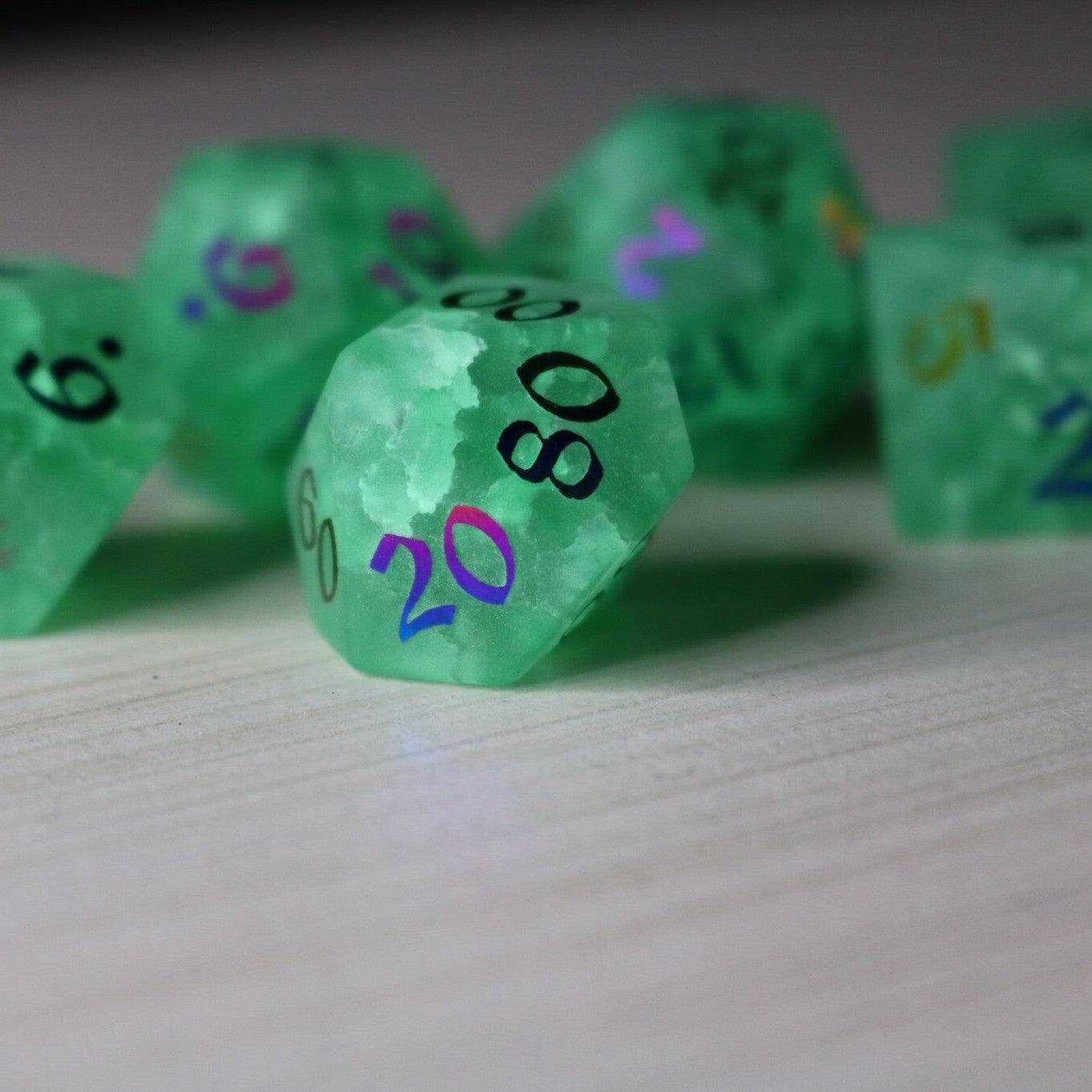 Green Mint Inked Lightning Cracked Glass DND Dice Set