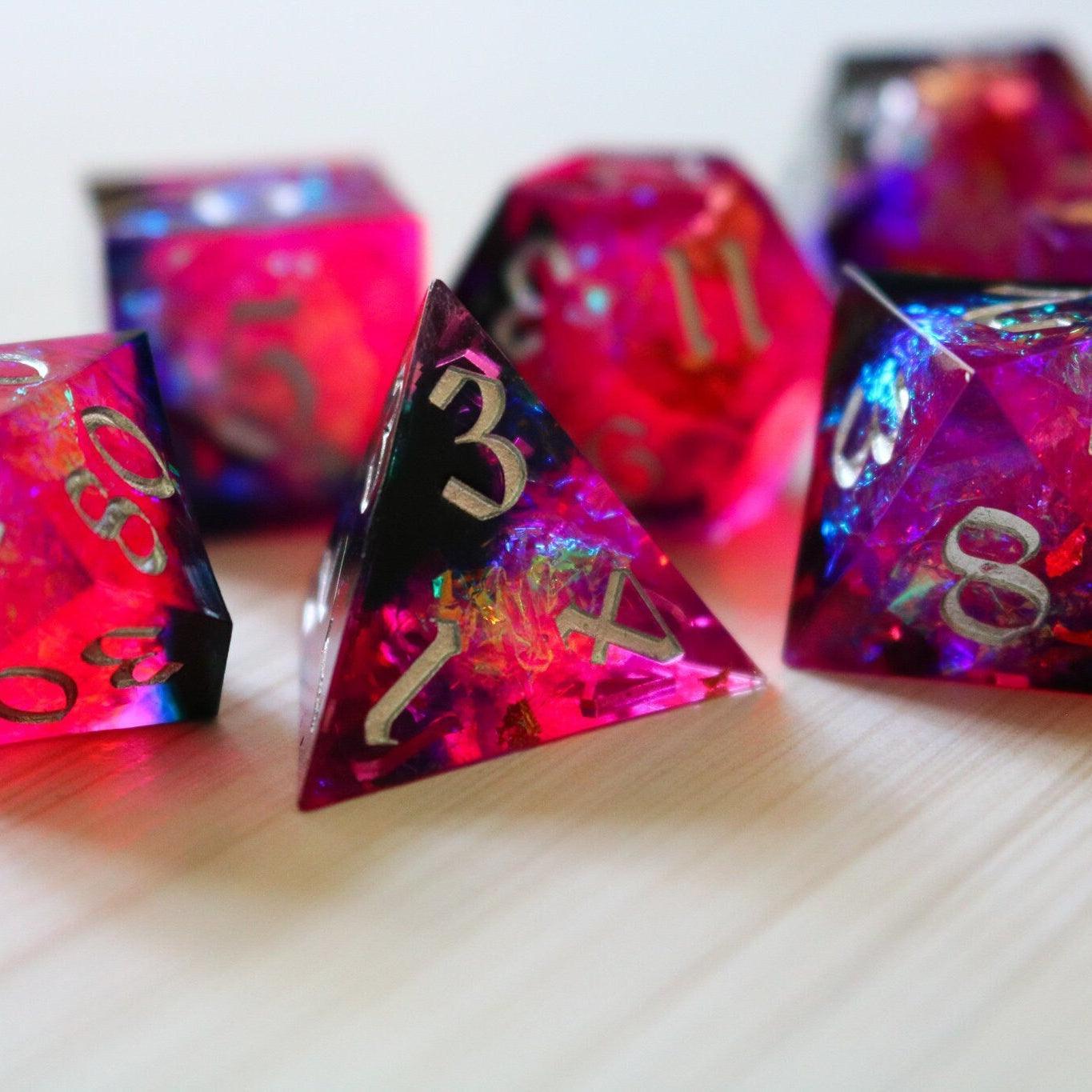 Pink/Silver Handmade Sharp Edge Resin DND Dice Set