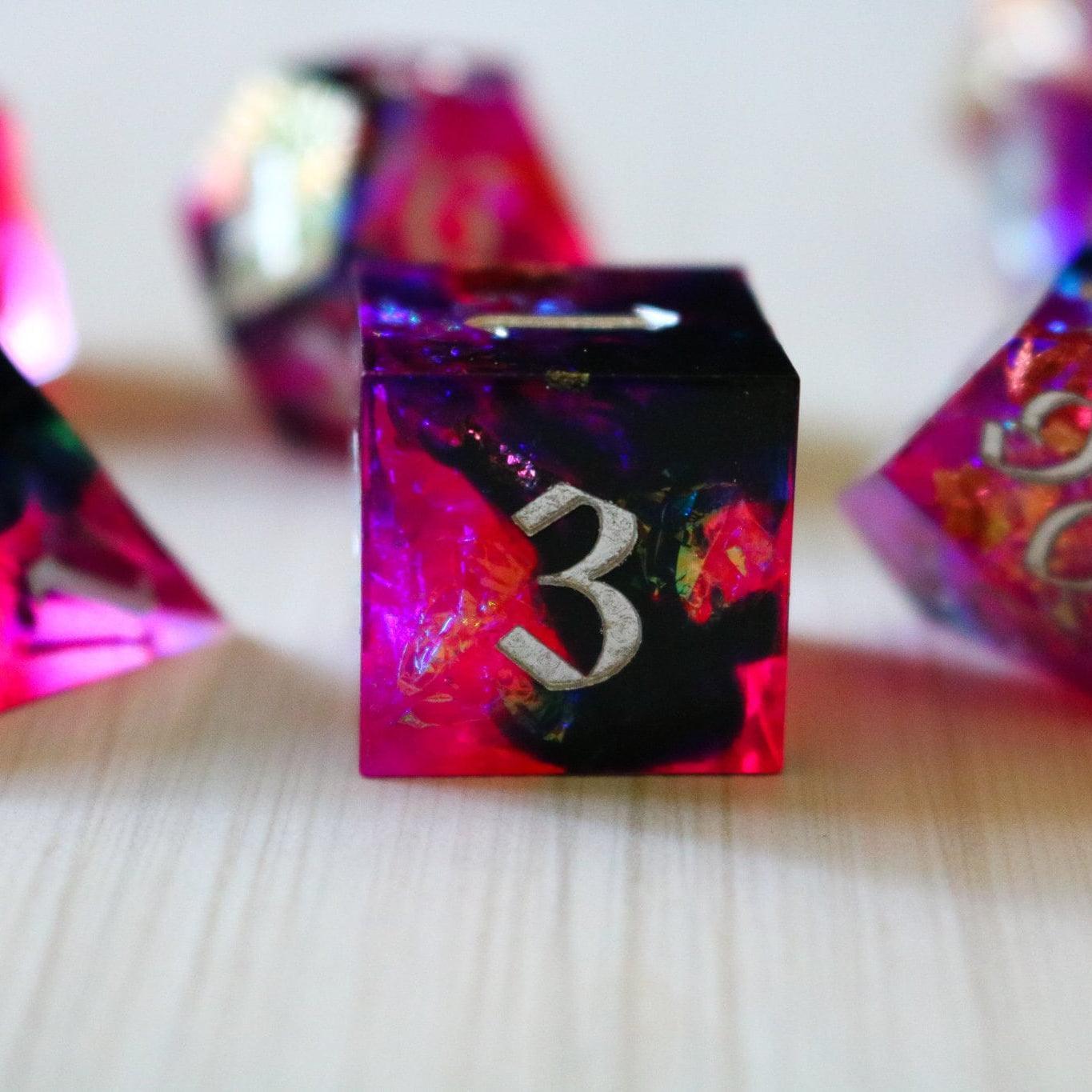 Pink/Silver Handmade Sharp Edge Resin DND Dice Set