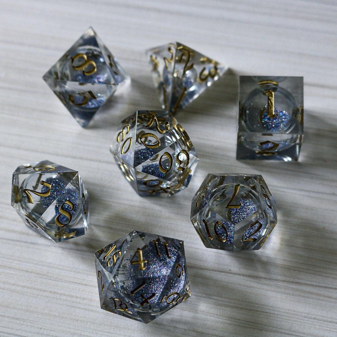 Silver Glitter Liquid Core Handmade Sharp Edge Resin DND Dice Set