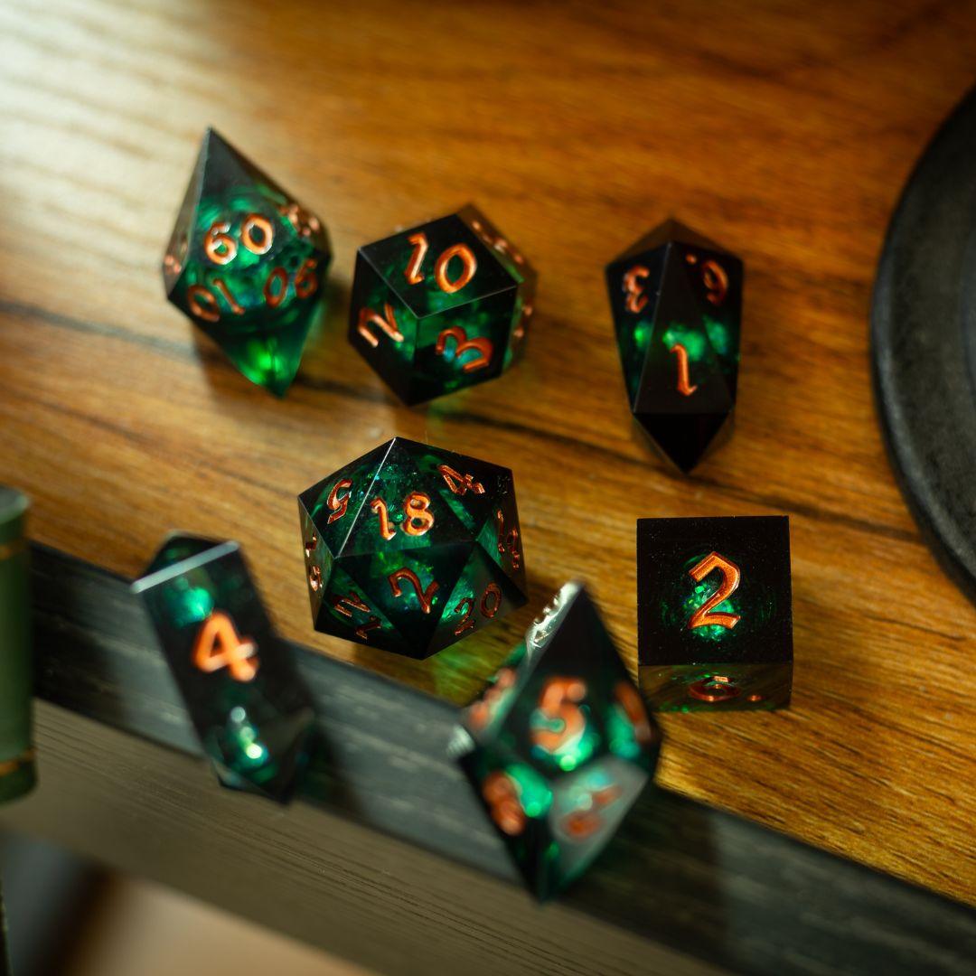 Witchwood Heart Liquid Core Dice Set by Runic Dice