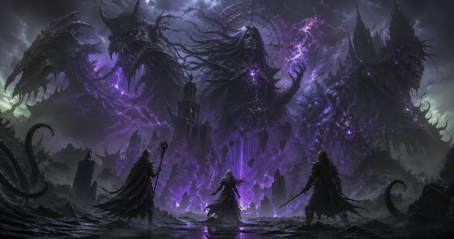 Shadowy wizard hands over a cracked grimoire with violet dark magic glow on a tabletop