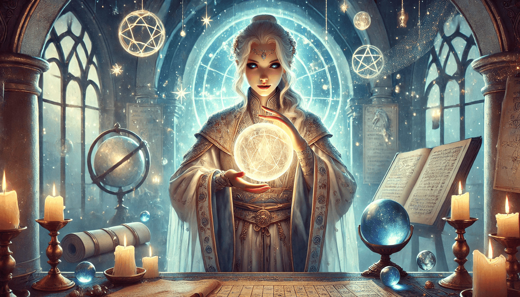 Elegant female divination wizard holding a glowing crystal orb amid celestial charts and floating spheres