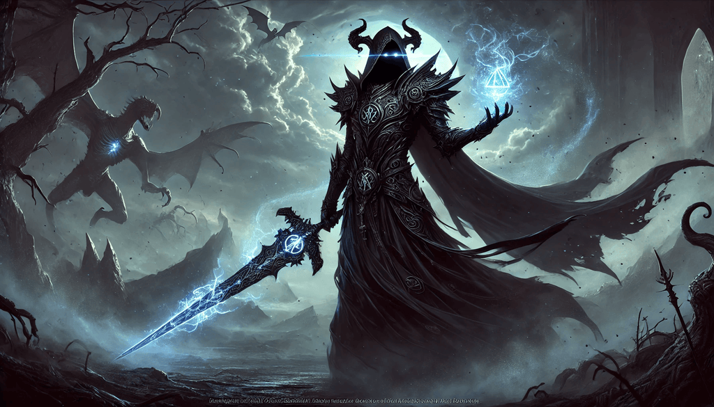 A shadowy armored figure wielding a glowing cursed sword and orb amid dark ruins