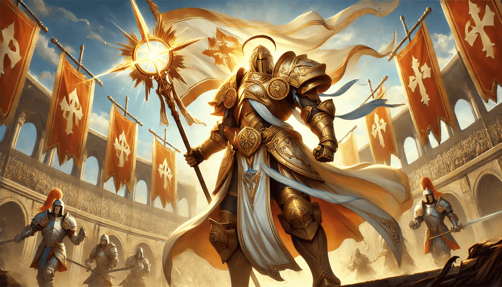 Heroic Paladin of Glory in golden armor wielding radiant staff in triumphant arena
