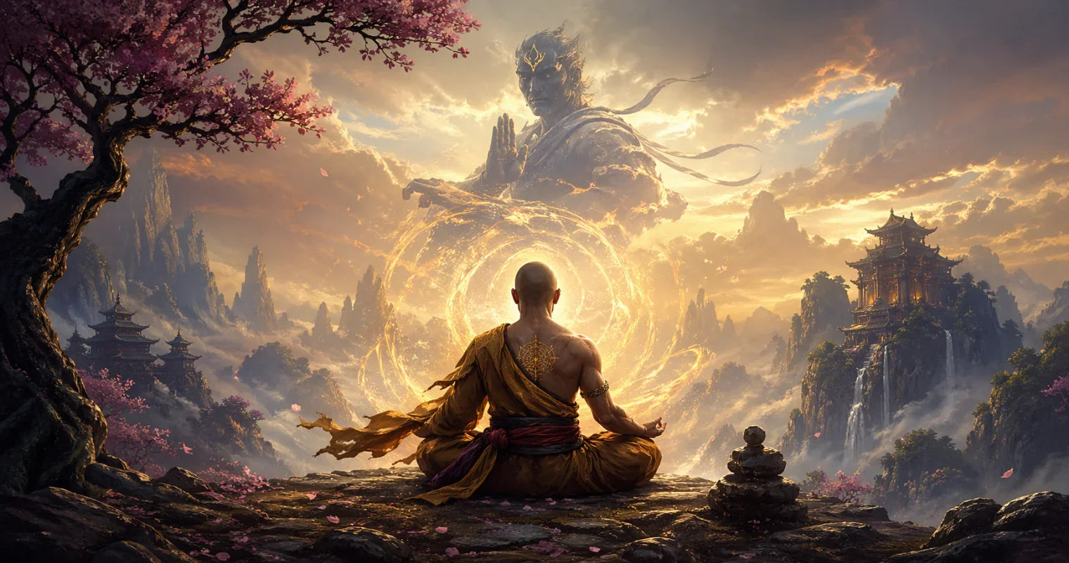Monk warrior in a martial arts stance with subtle glowing mystic aura in a quiet training hall