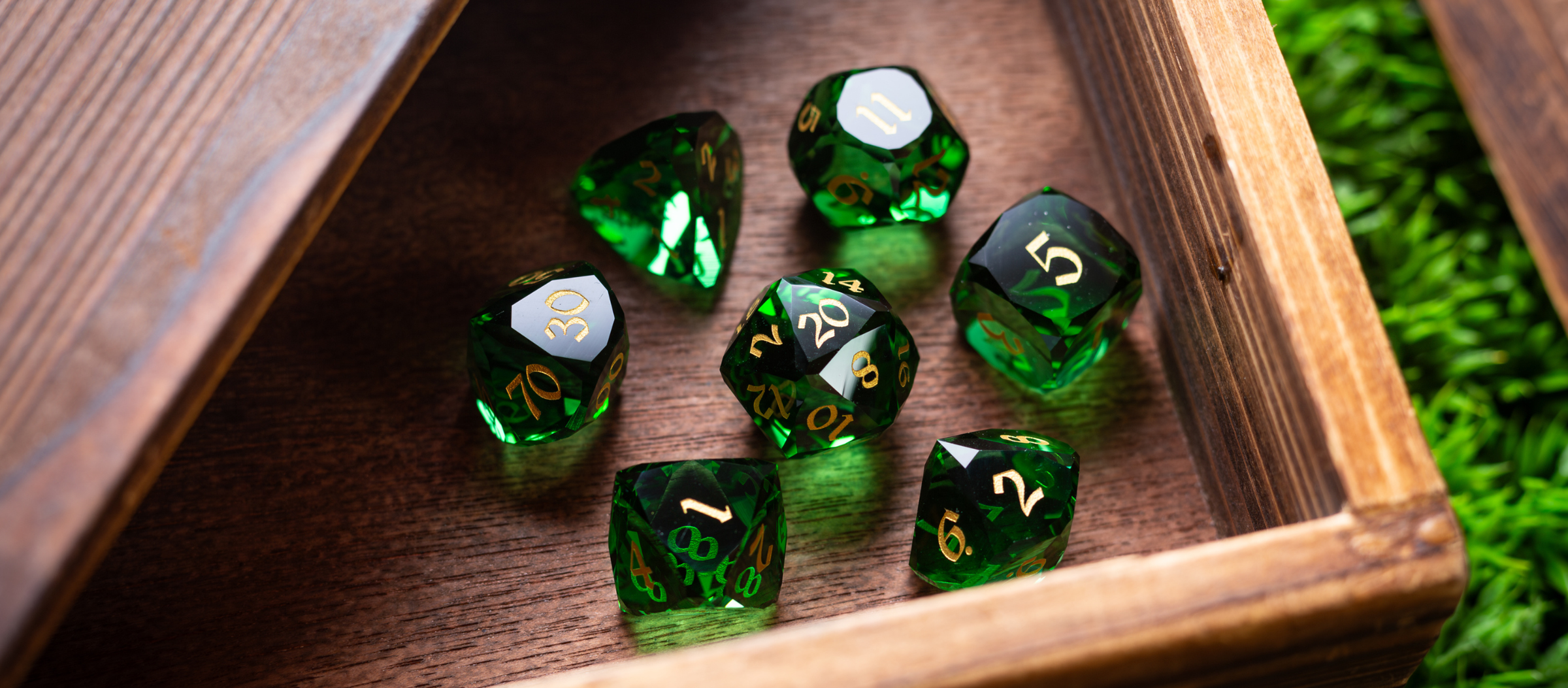Vibrant gemstone DnD dice set with rich colors and intricate designs, perfect for precision and style in gameplay