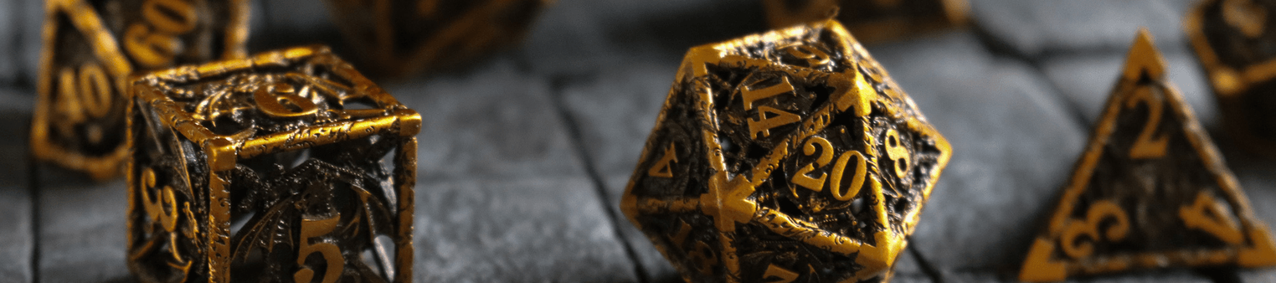 Intricately designed metal DnD dice sets, showcasing powerful designs like dragons, skulls, and shields for precise rolls.