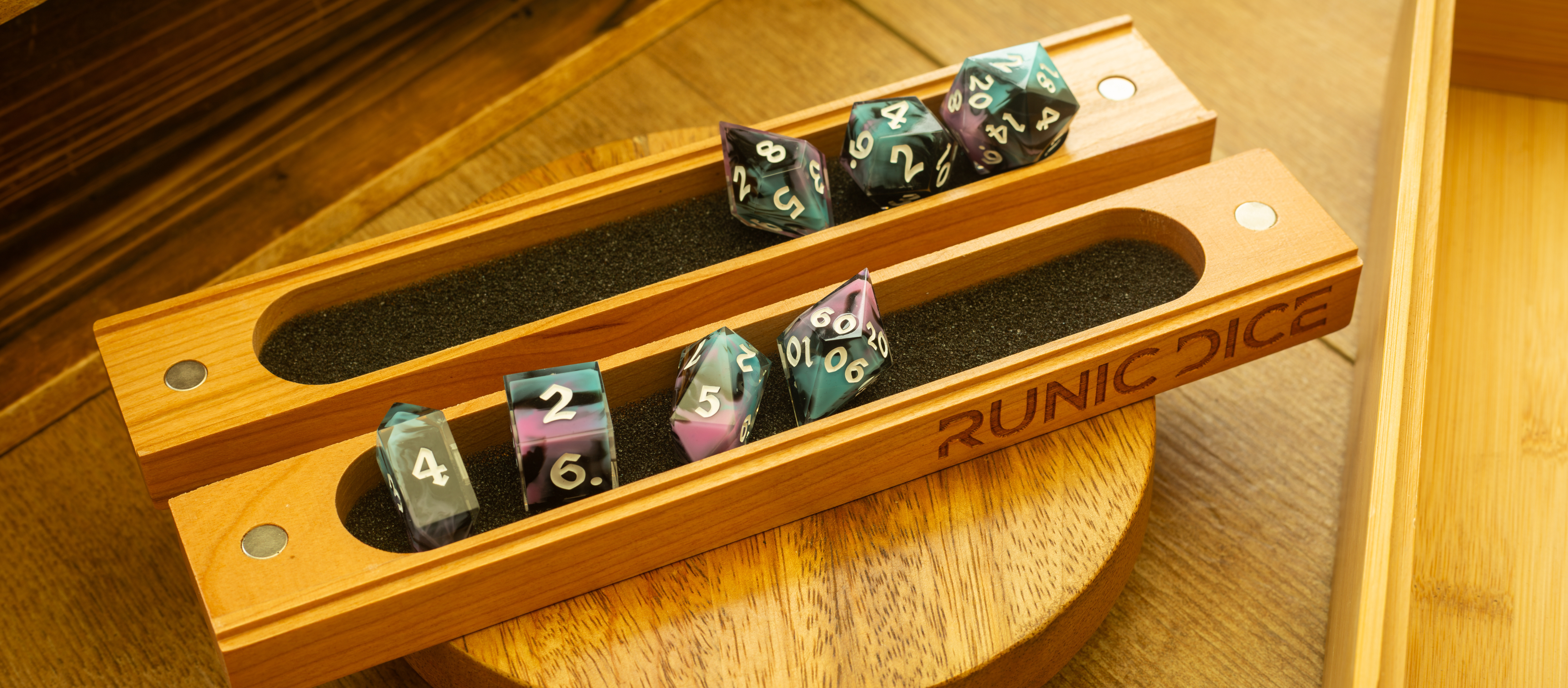 Handcrafted wood dice storage boxes with magnetic closures — Runic Dice