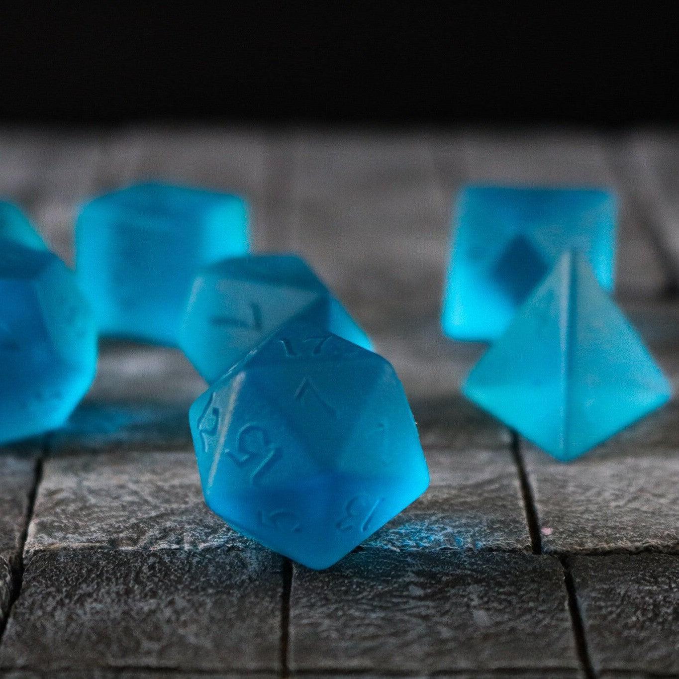 Blue Zircon Hand Carved Glass DND Dice Set
