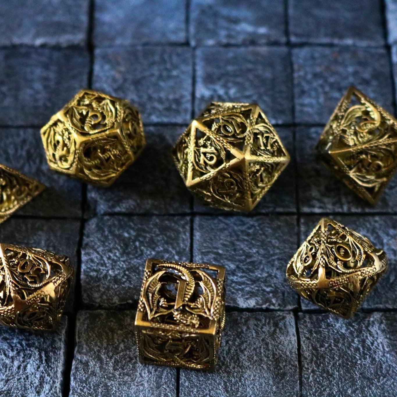 Dragon Flight Hollow Gold Metal DND Dice Set