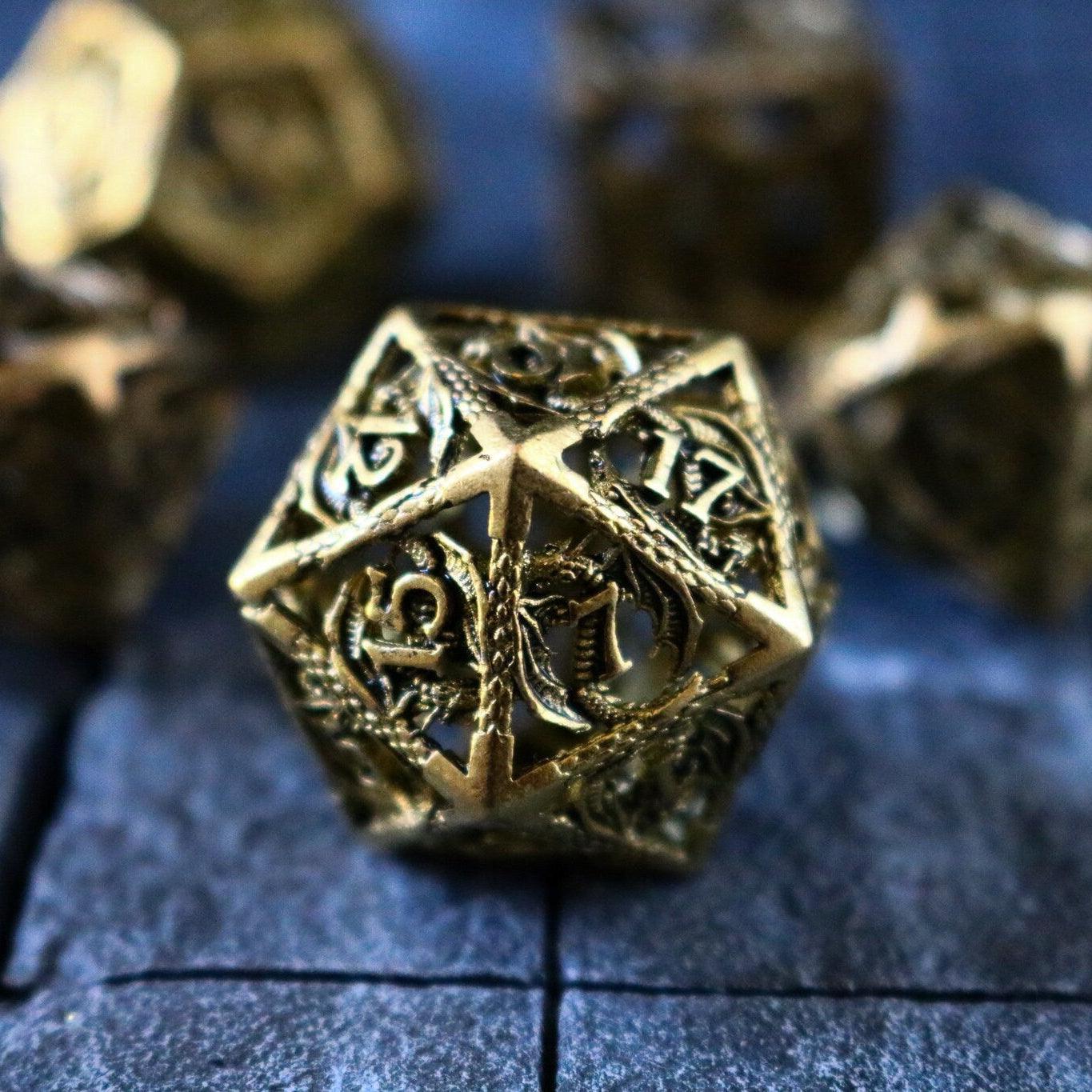 Dragon Flight Hollow Gold Metal DND Dice Set