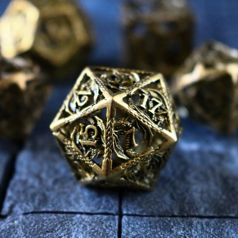 Dragon Flight Hollow Gold Metal DND Dice Set