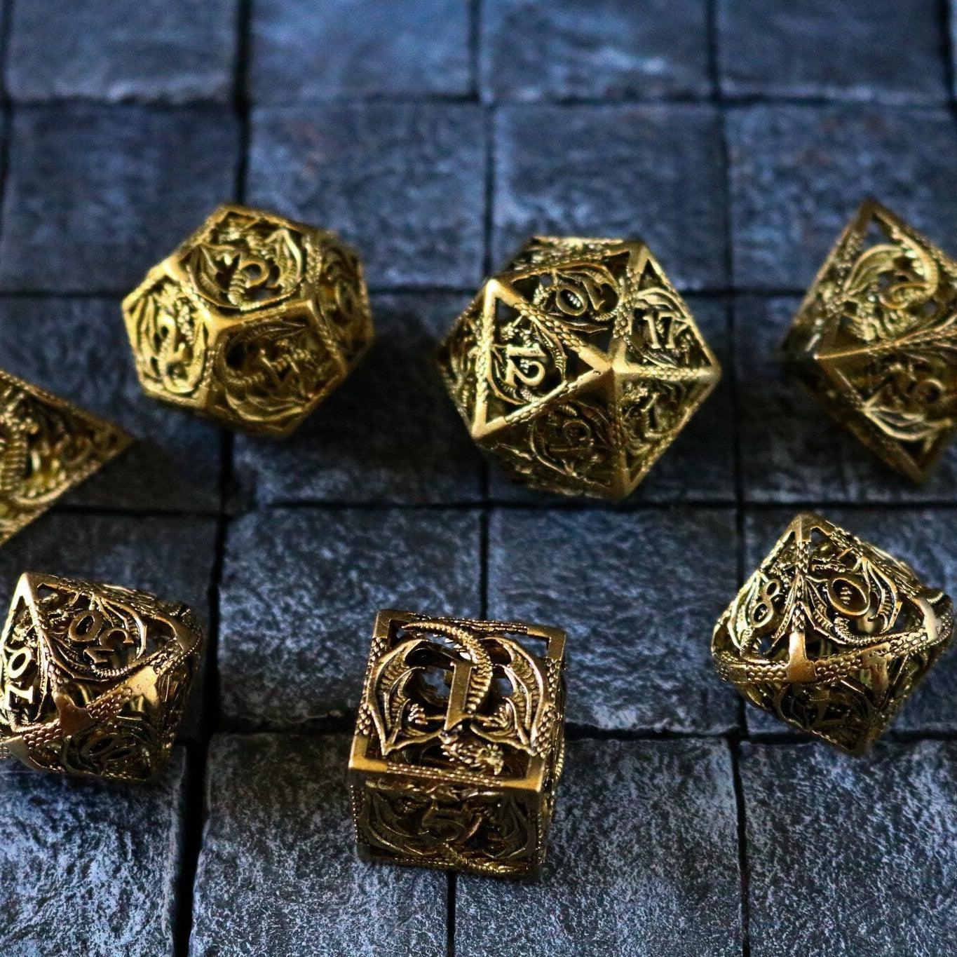 Dragon Flight Hollow Gold Metal DND Dice Set