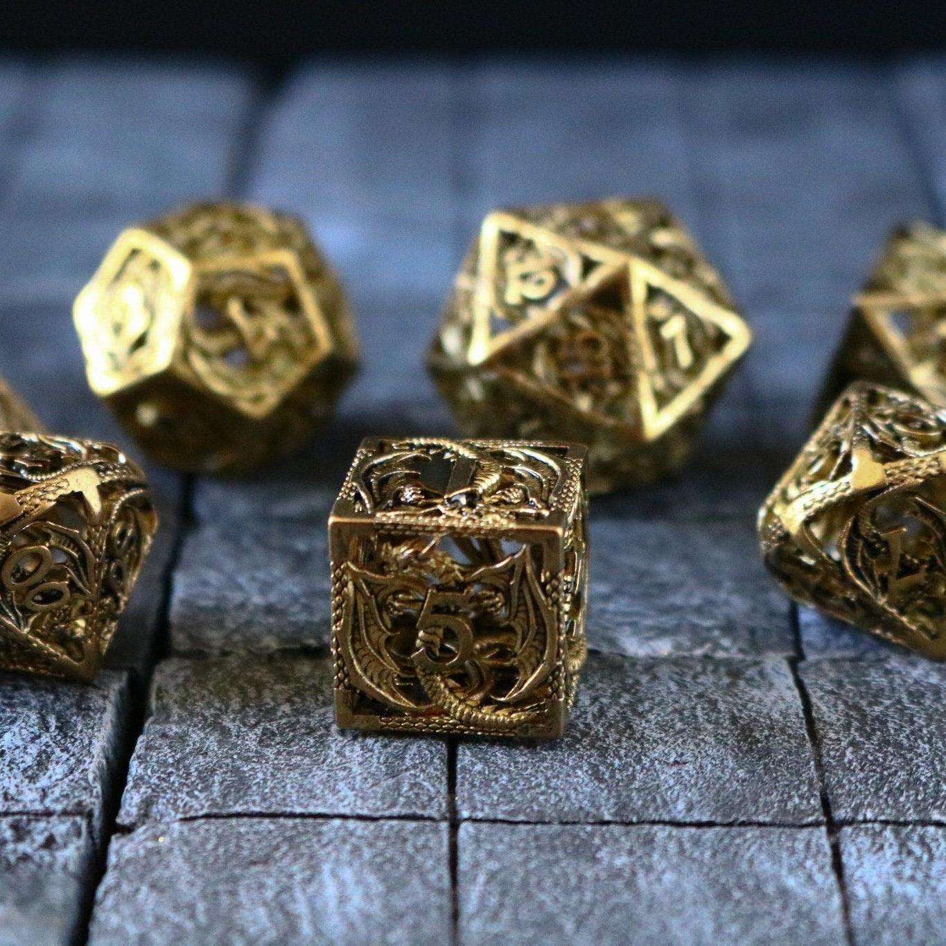 Dragon Flight Hollow Gold Metal DND Dice Set