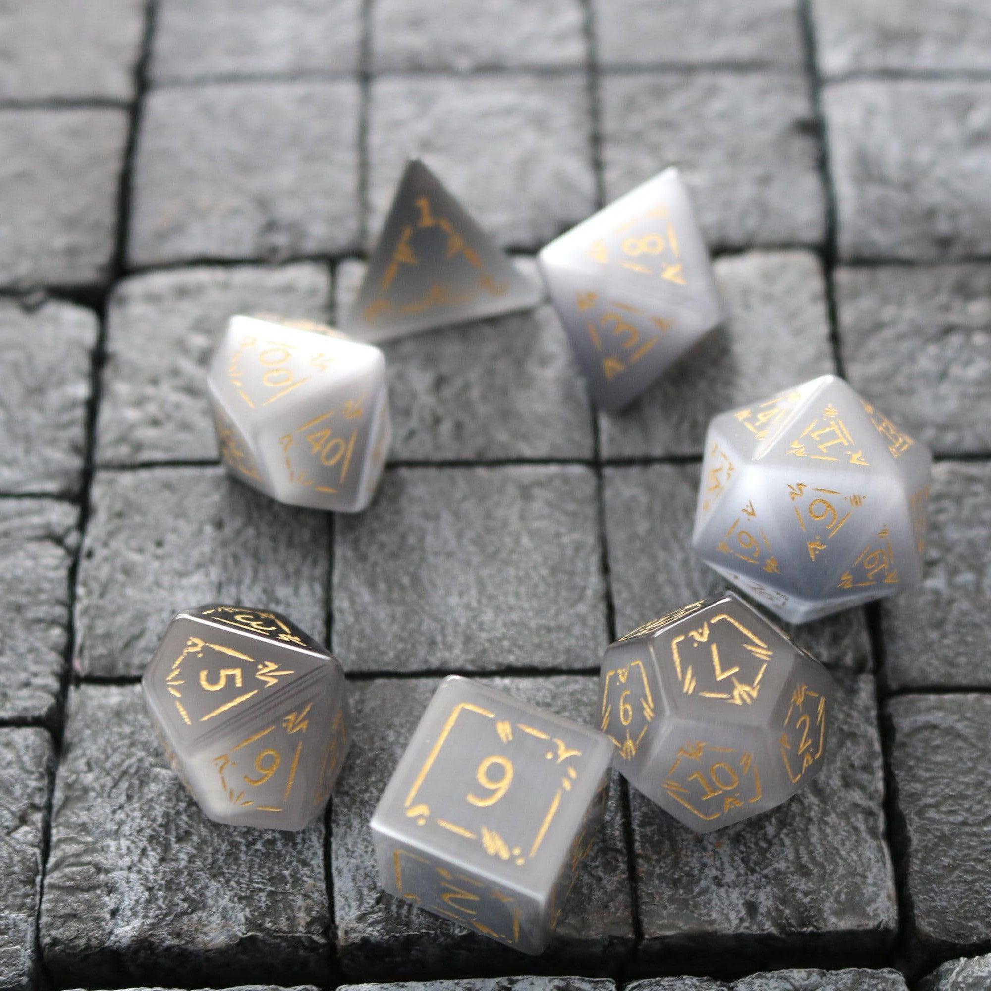 Dragon Shield Gray Cats Eye Gemstone DND Dice Set