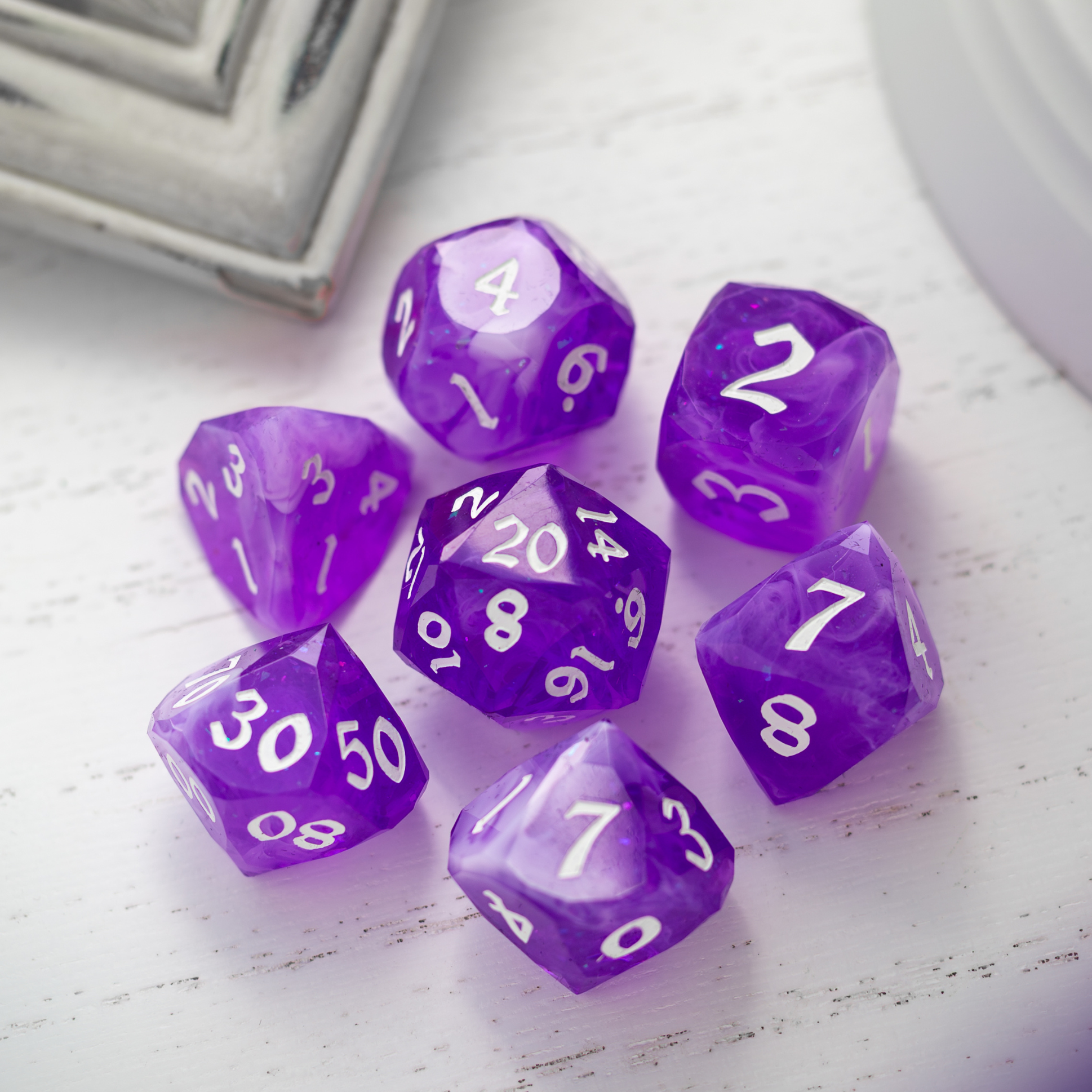 Dwarf Cut Lavender Smoke Handmade Resin DND Dice Set