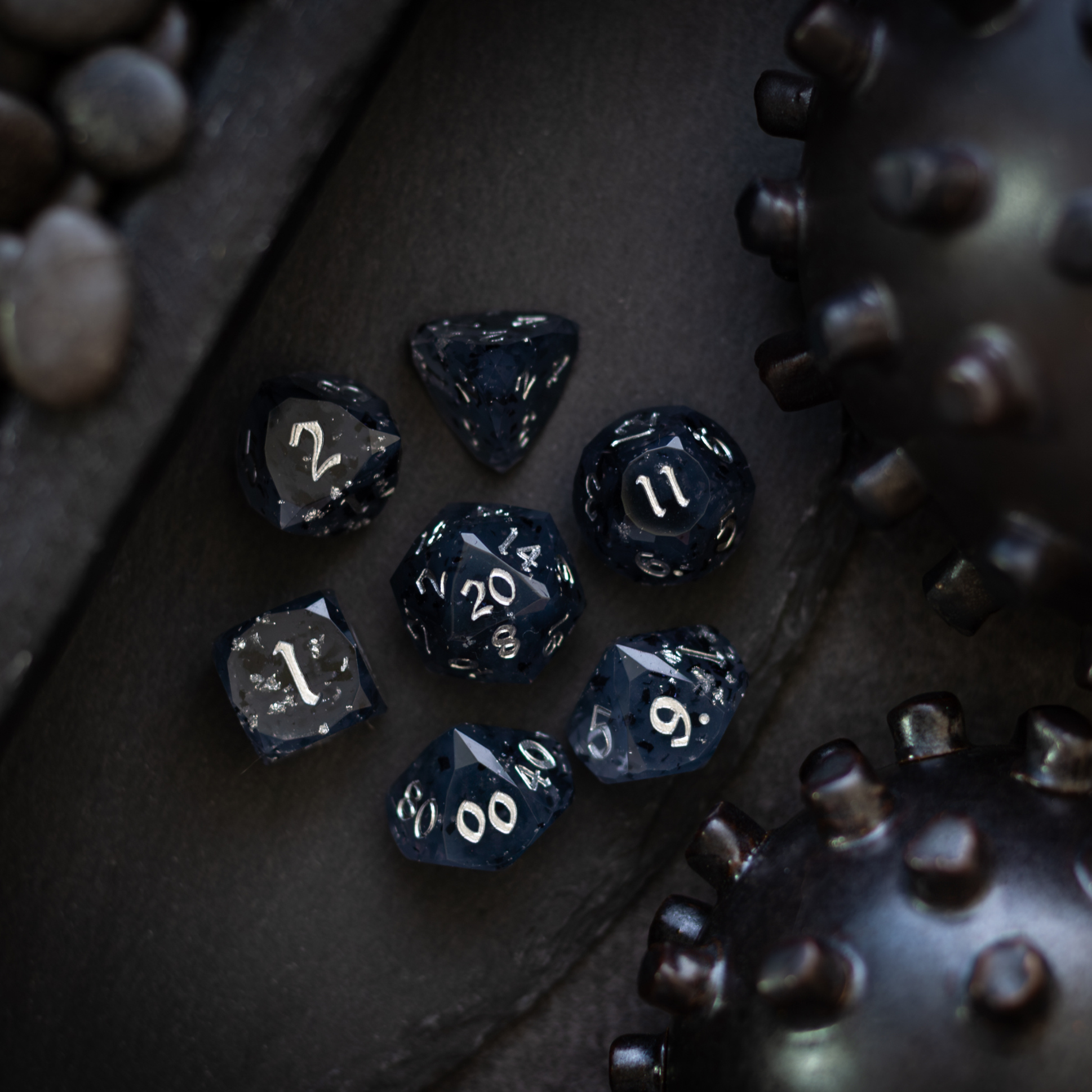 Dwarf Cut Smoky Midnight Handmade Resin DND Dice Set