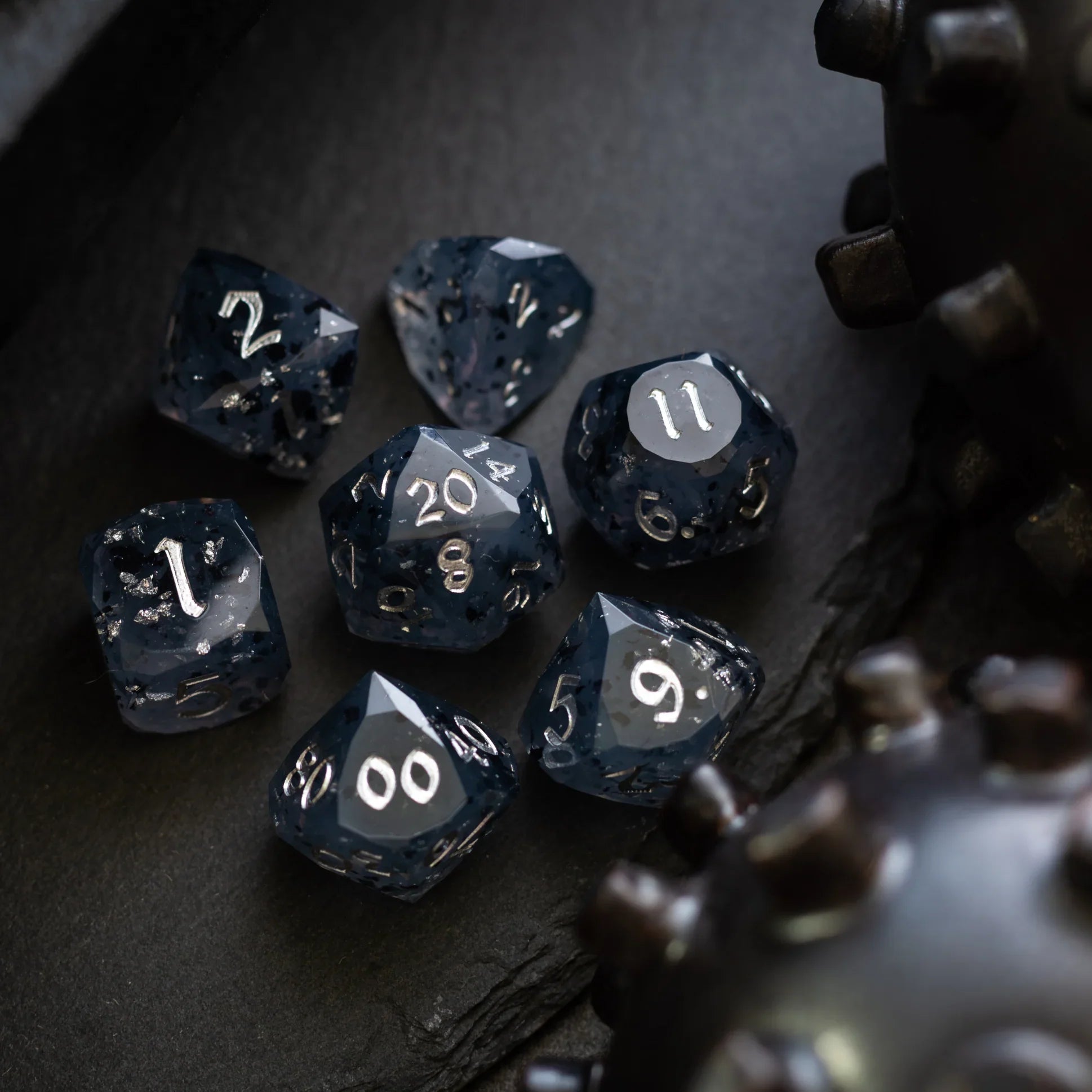 Dwarf Cut Smoky Midnight Handmade Resin DND Dice Set