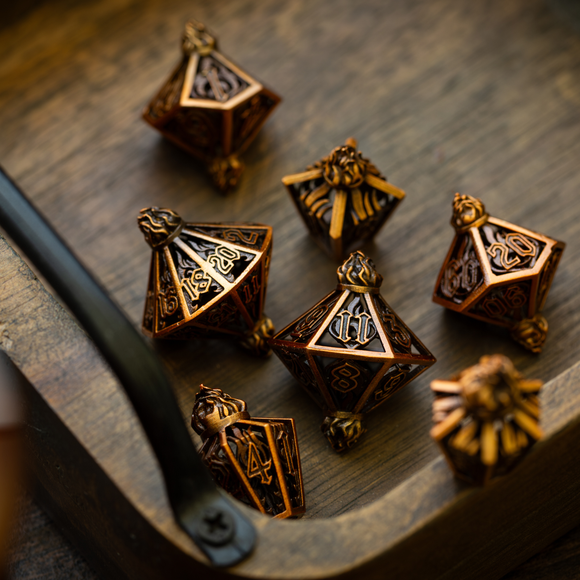Eternal Flame Copper Hollow Metal DND Dice Set