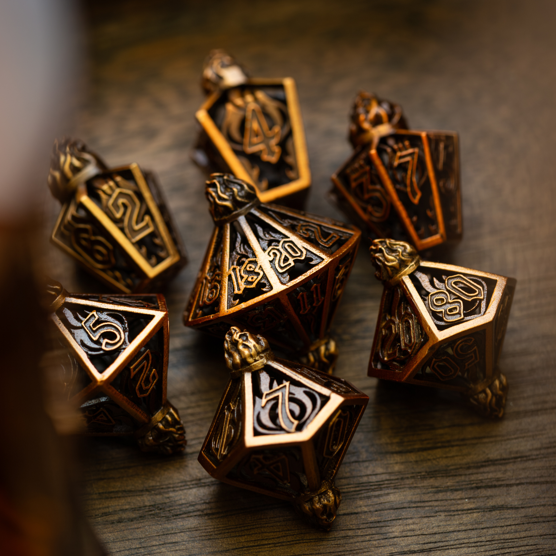 Eternal Flame Copper Hollow Metal DND Dice Set