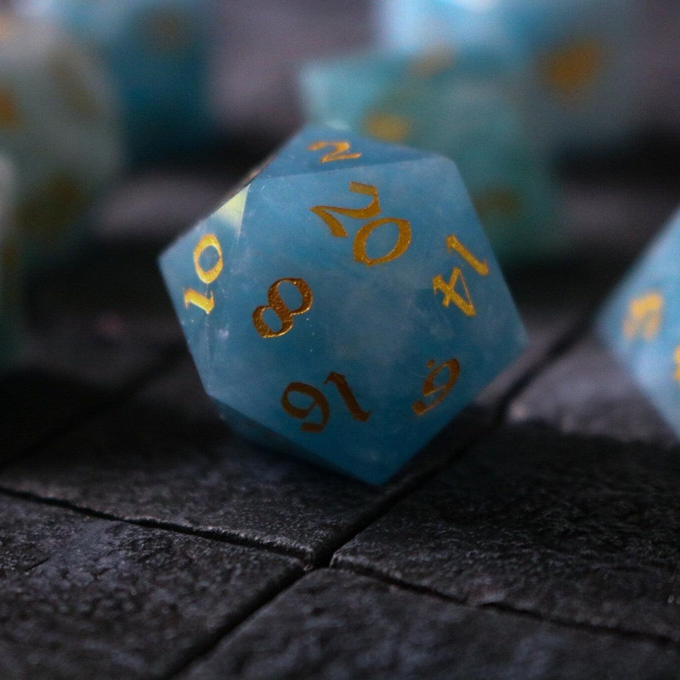 Gemstone Blue Aquamarine Stone Hand Carved DND Dice Set