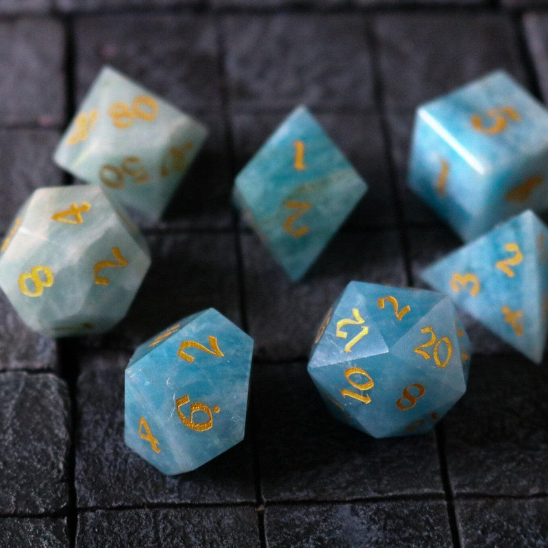 Gemstone Blue Aquamarine Stone Hand Carved DND Dice Set