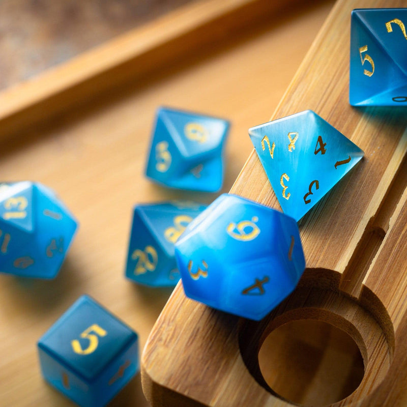 Gemstone Light Blue Cats Eye Stone Hand Carved DND Dice Set