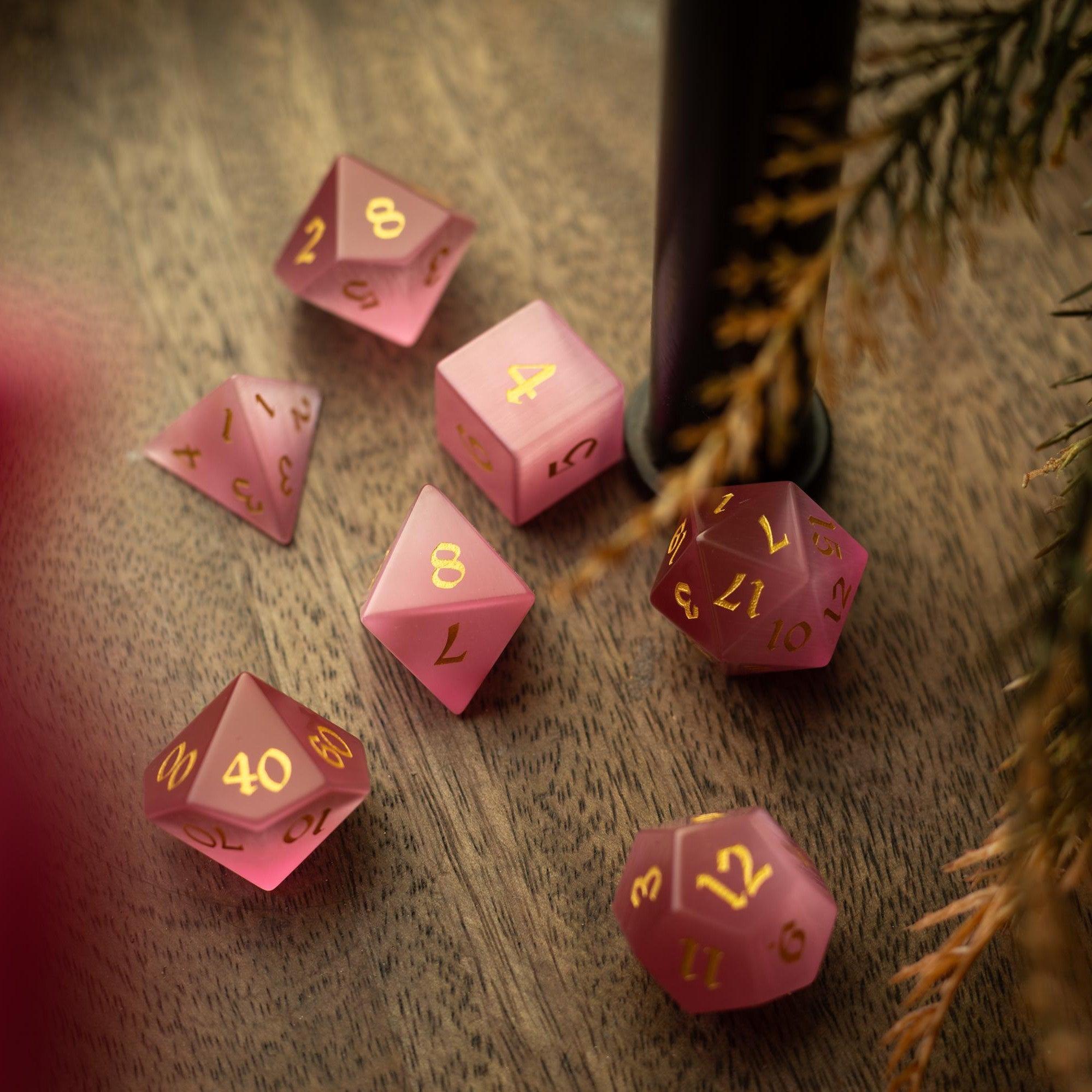 Gemstone Pink Watermelon Cats Eye Stone Hand Carved DND Dice Set