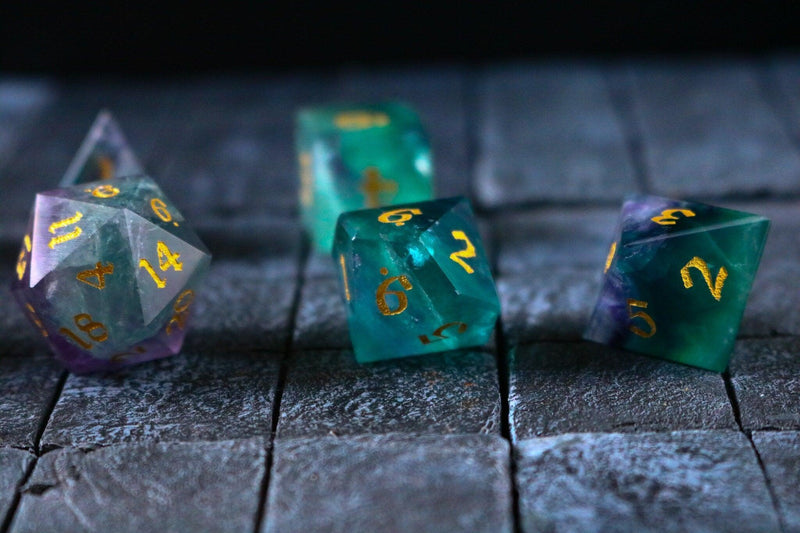 Gemstone Rainbow Fluorite Hand Carved DND Dice Set