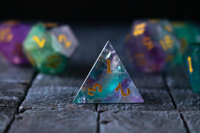 Gemstone Rainbow Fluorite Hand Carved DND Dice Set