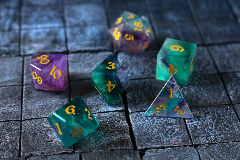Gemstone Rainbow Fluorite Hand Carved DND Dice Set